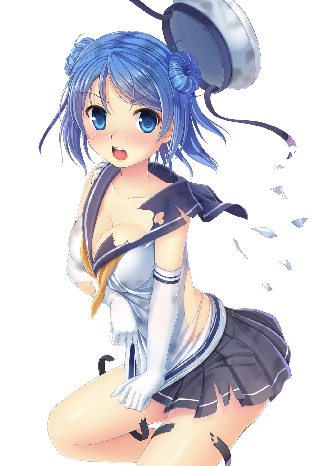 breast_hold cleavage kantai_collection no_bra seifuku torn_clothes umitonakai urakaze_(kancolle)