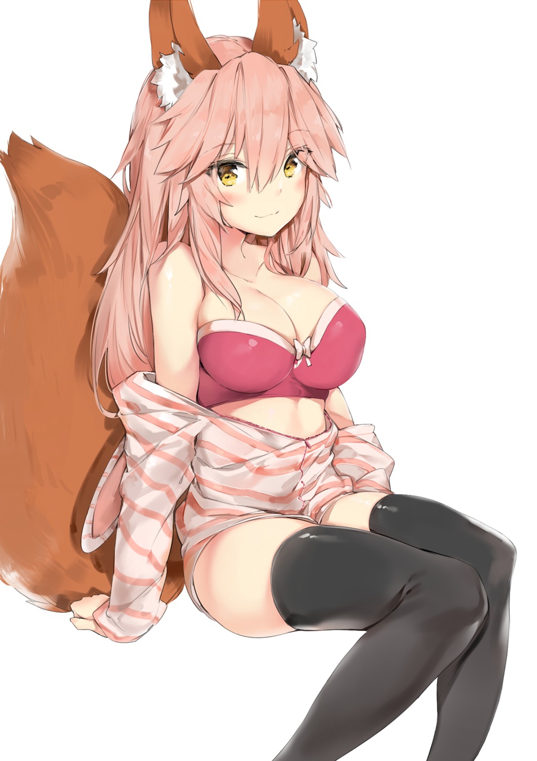 bra cleavage fate/extra fate/grand_order fate/stay_night open_shirt silver_(chenwen) tail tamamo_no_mae thighhighs