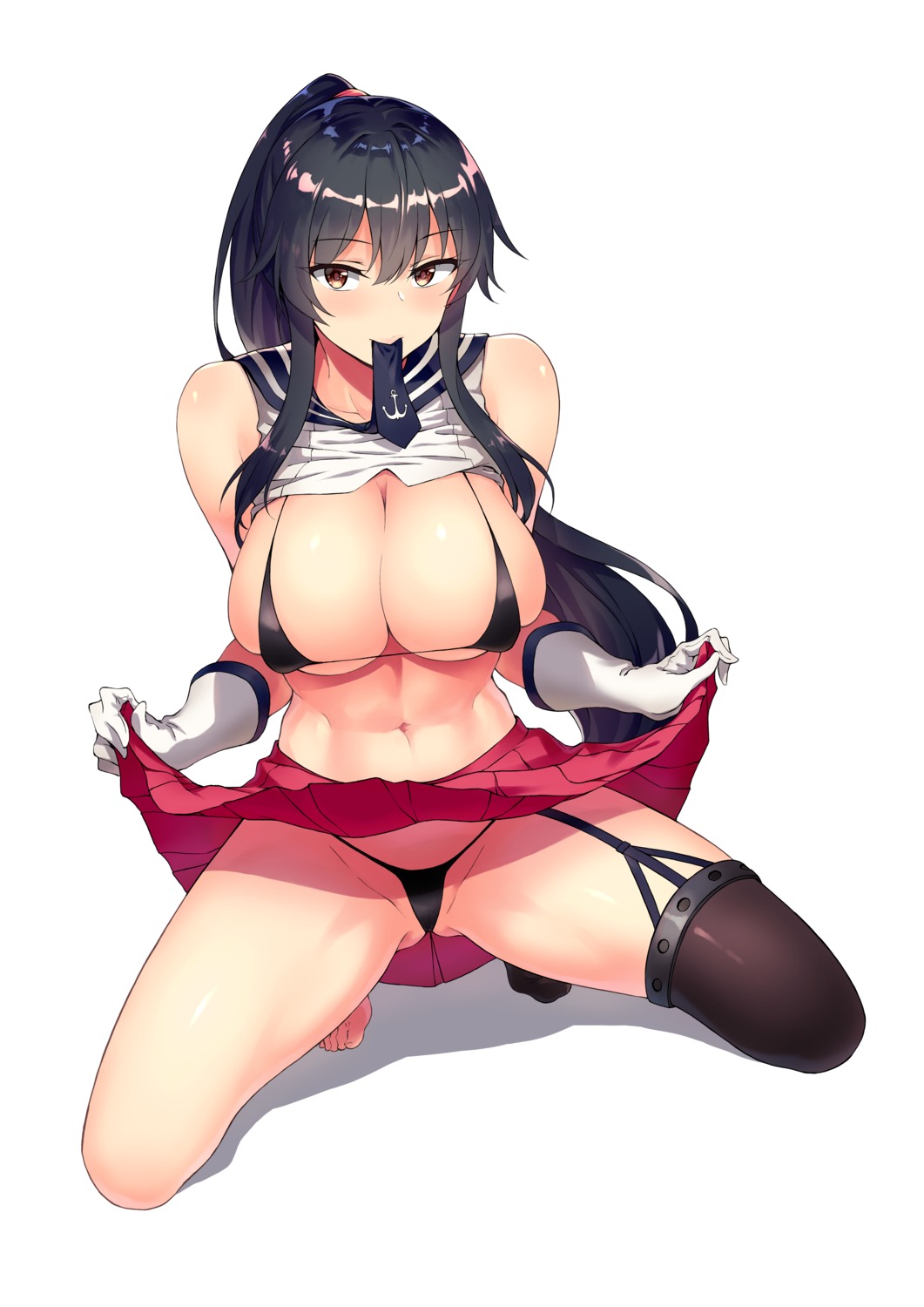 bikini kantai_collection mo3hig3 seifuku shirt_lift skirt_lift stockings swimsuits thighhighs thong yahagi_(kancolle)