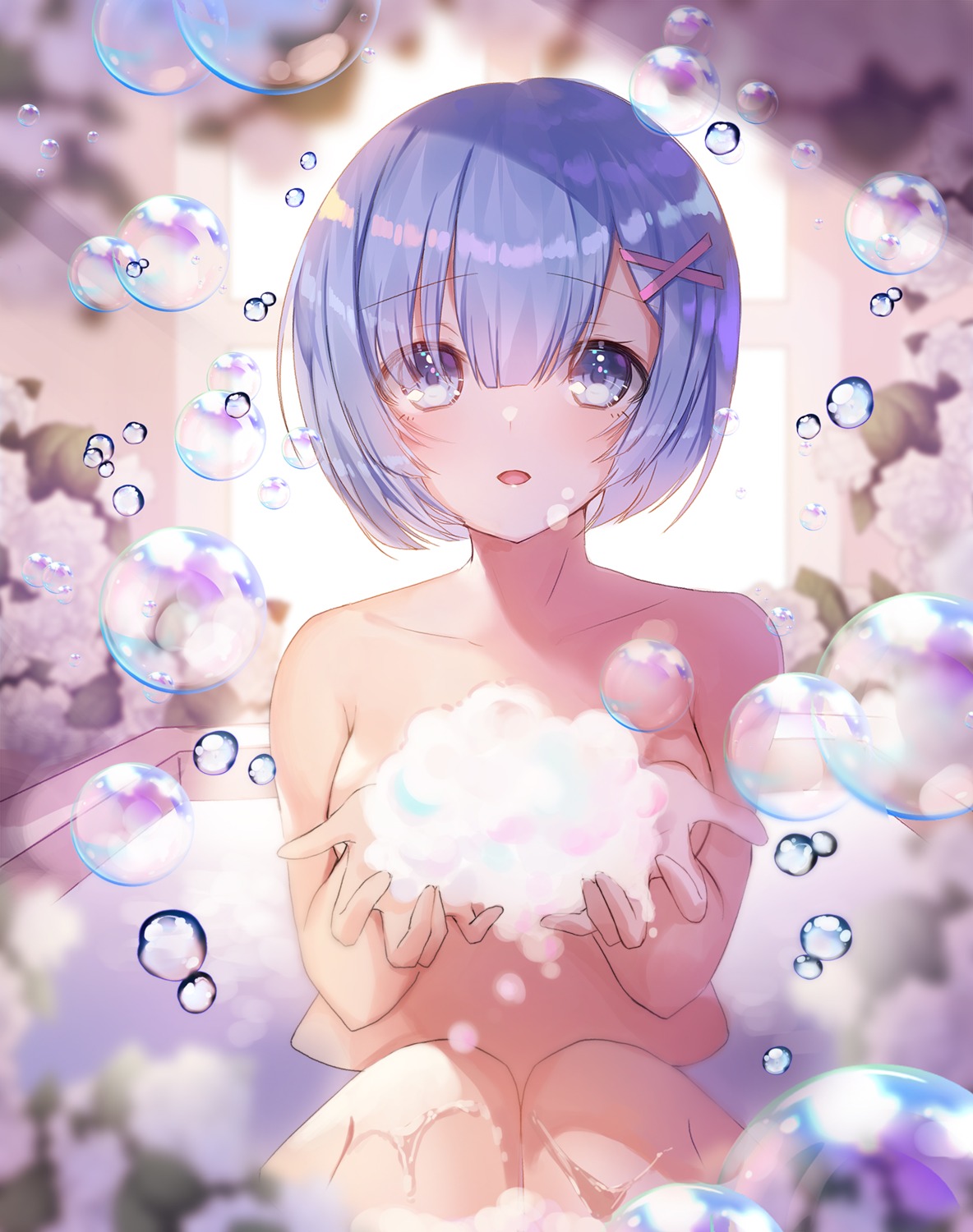 apple_caramel bathing naked re_zero_kara_hajimeru_isekai_seikatsu rem_(re_zero) wet