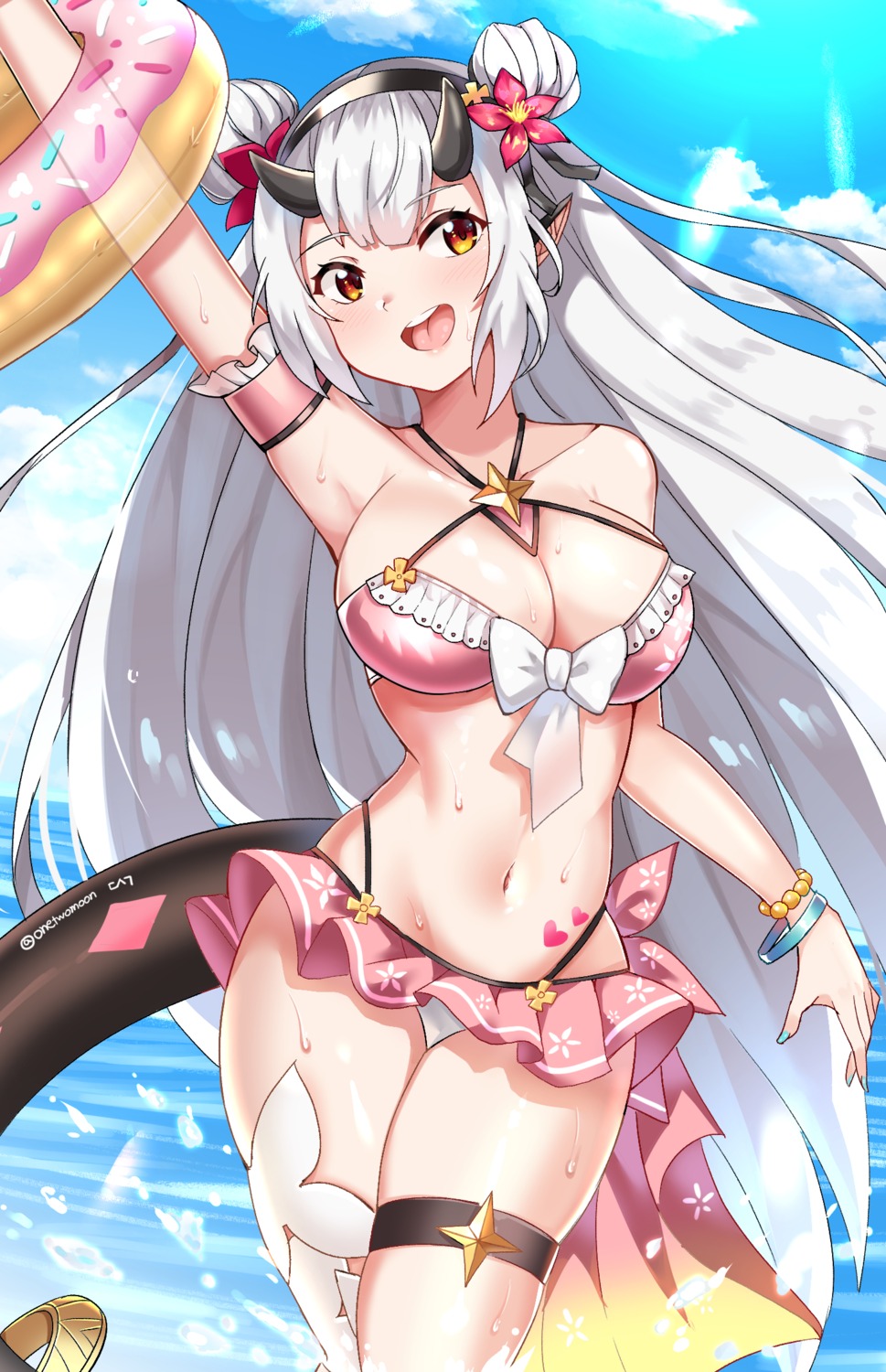 bikini epic7 garter horns pointy_ears skirt_lift swimsuits tail twomoon wet yufine_(epic7)