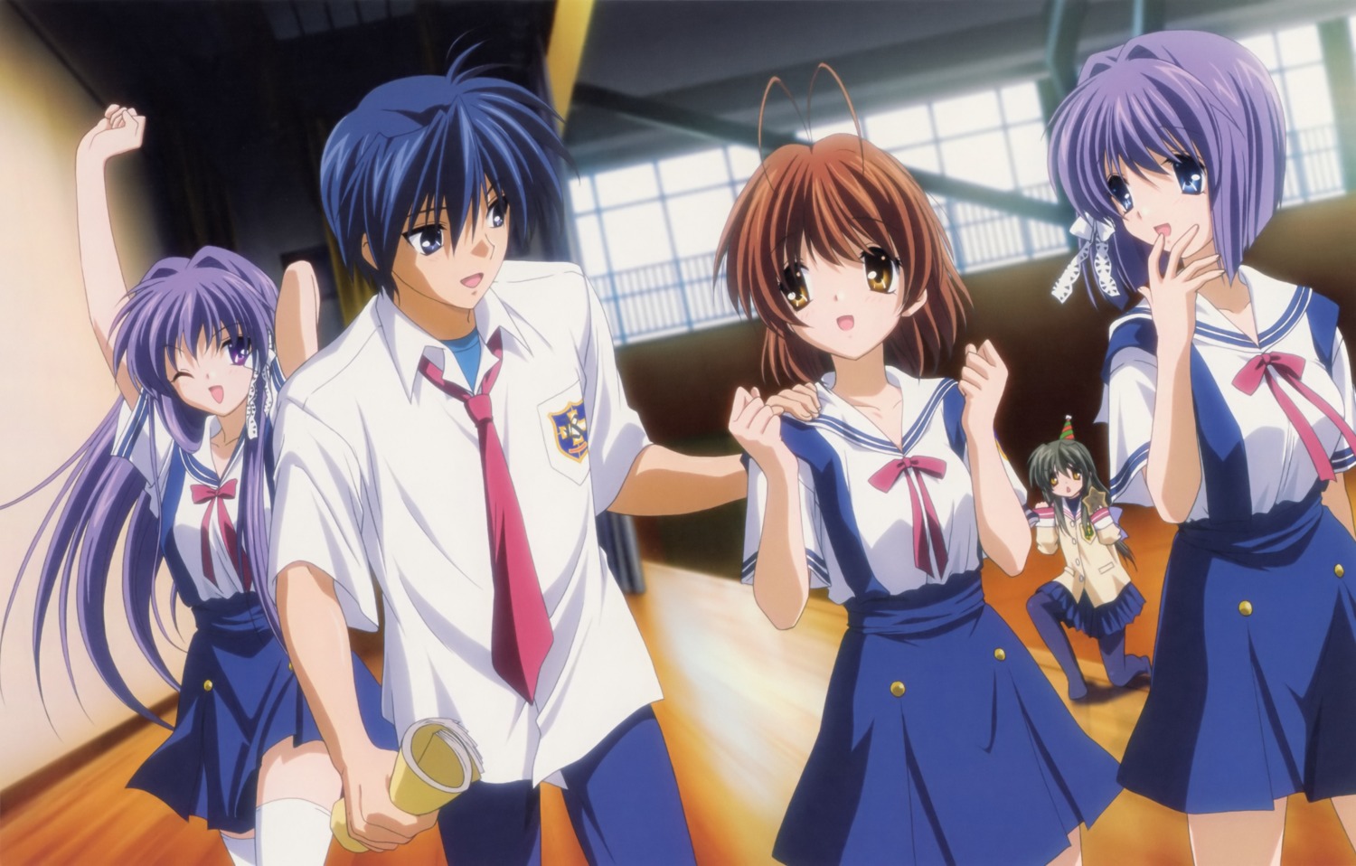 clannad fujibayashi_kyou fujibayashi_ryou furukawa_nagisa ibuki_fuuko ikeda_kazumi okazaki_tomoya seifuku