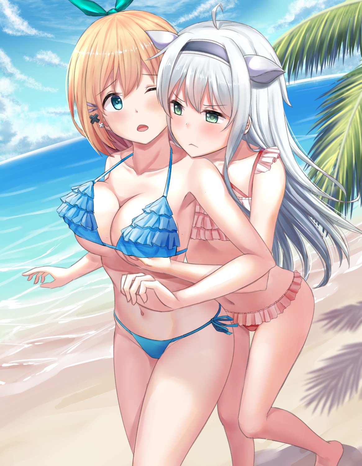 bikini breast_grab mizuha_(zxass0612) rokudenashi_majutsu_koushi_to_kinki_kyouten rumia_tingel sistina_fibel swimsuits yuri