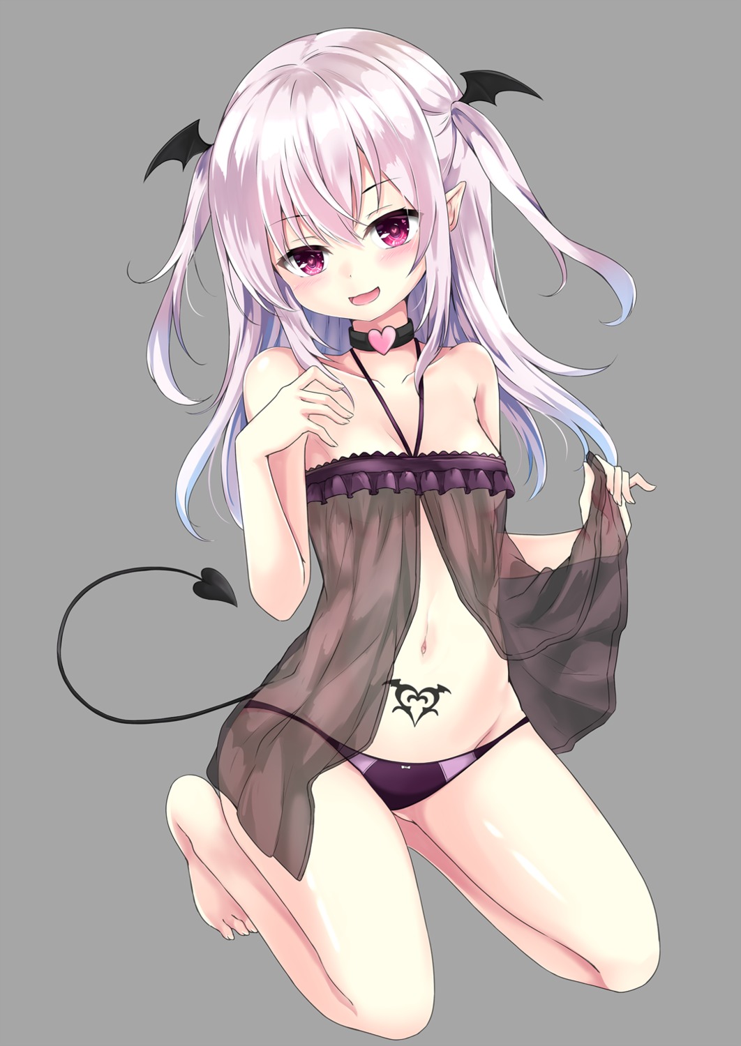 breast_hold cleavage feet horns lingerie open_shirt pantsu pointy_ears see_through siroyuki skirt_lift tail tattoo