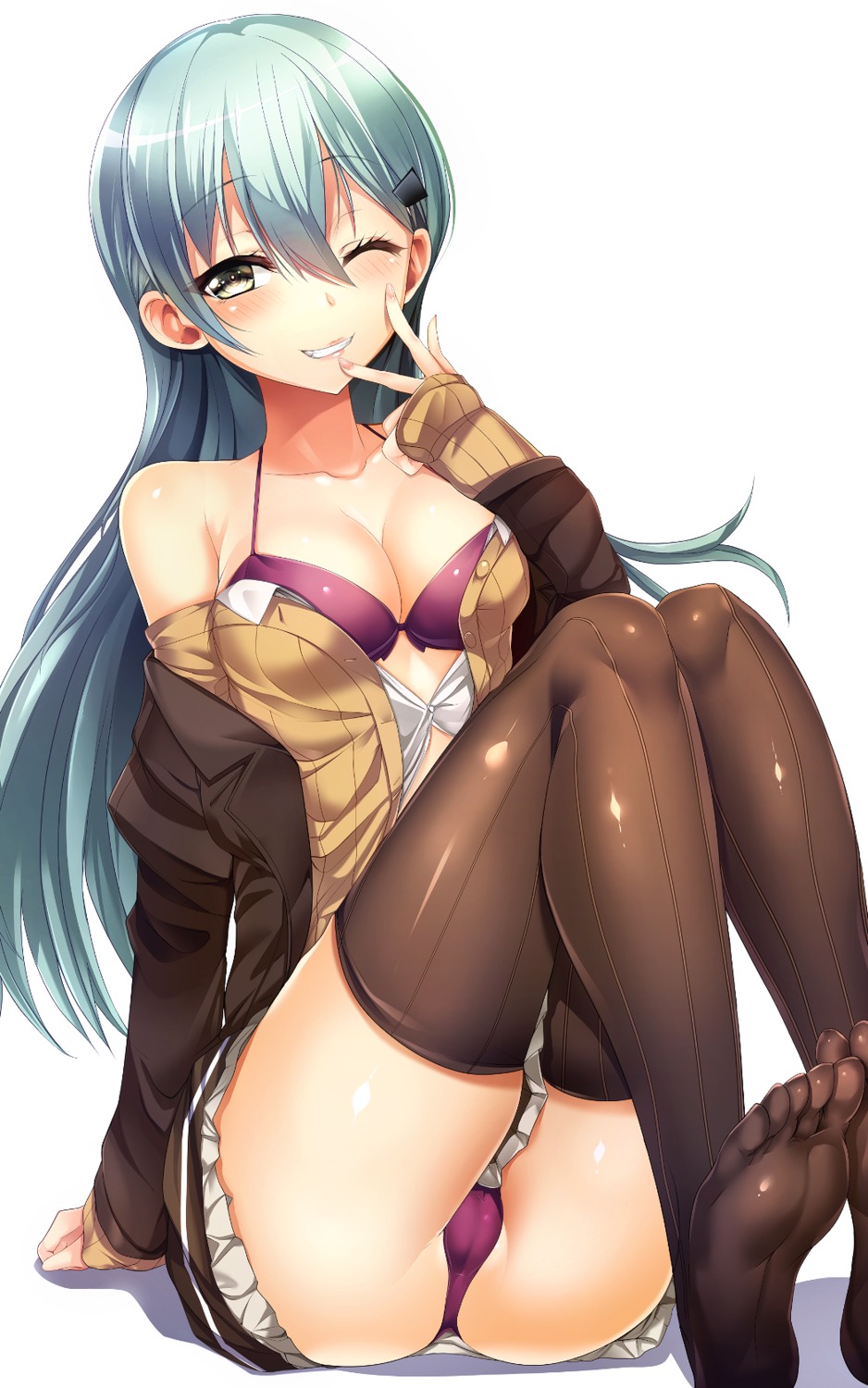 bra cameltoe cleavage feet kantai_collection open_shirt pantsu seifuku silly suzuya_(kancolle) thighhighs