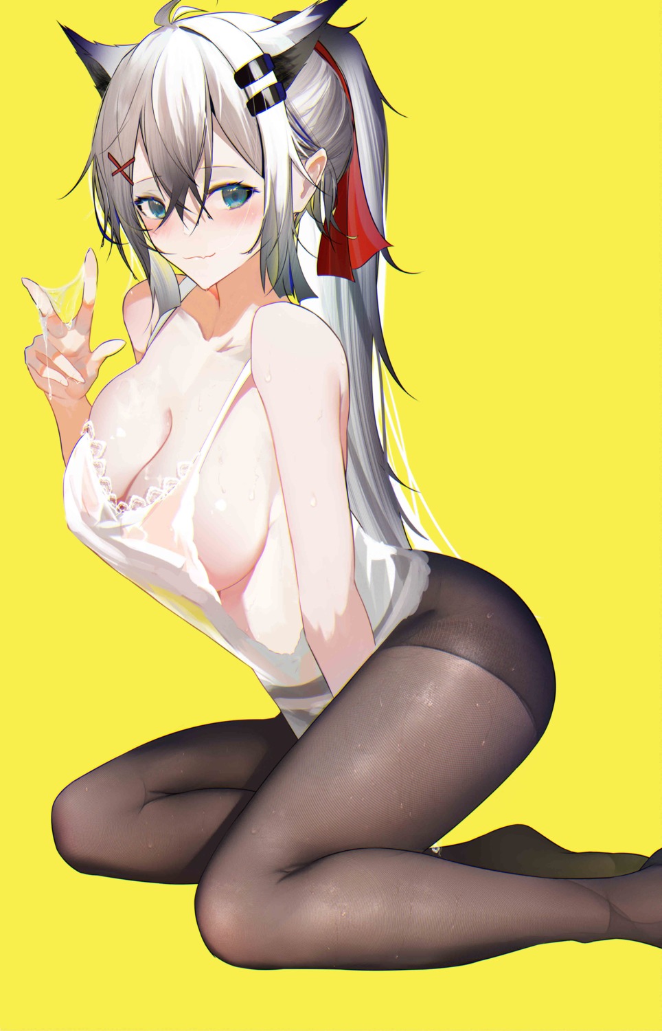 animal_ears arknights lappland_(arknights) lingerie no_bra omone_hokoma_agm pantyhose see_through