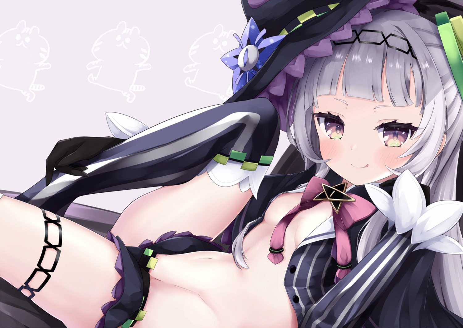 cocozasa garter hololive murasaki_shion no_bra open_shirt thighhighs