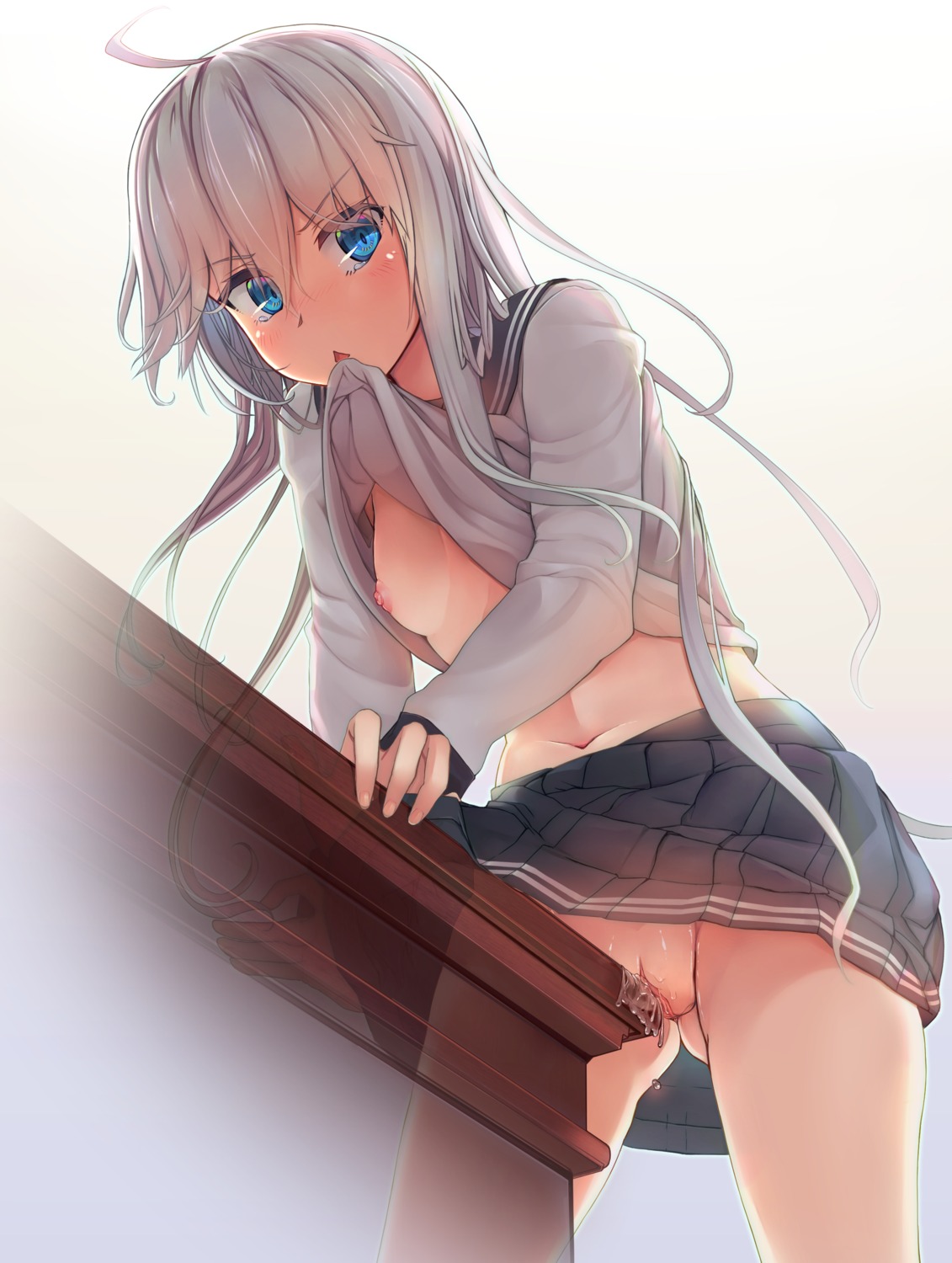 breasts hibiki_(kancolle) kantai_collection loli masturbation nipples no_bra nopan pussy pussy_juice ruuto25 seifuku skirt_lift