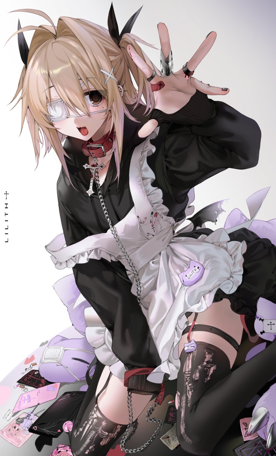 bandaid blood eyepatch garter lilith_(unxi) maid skirt_lift stockings sweater thighhighs torn_clothes unxi wings