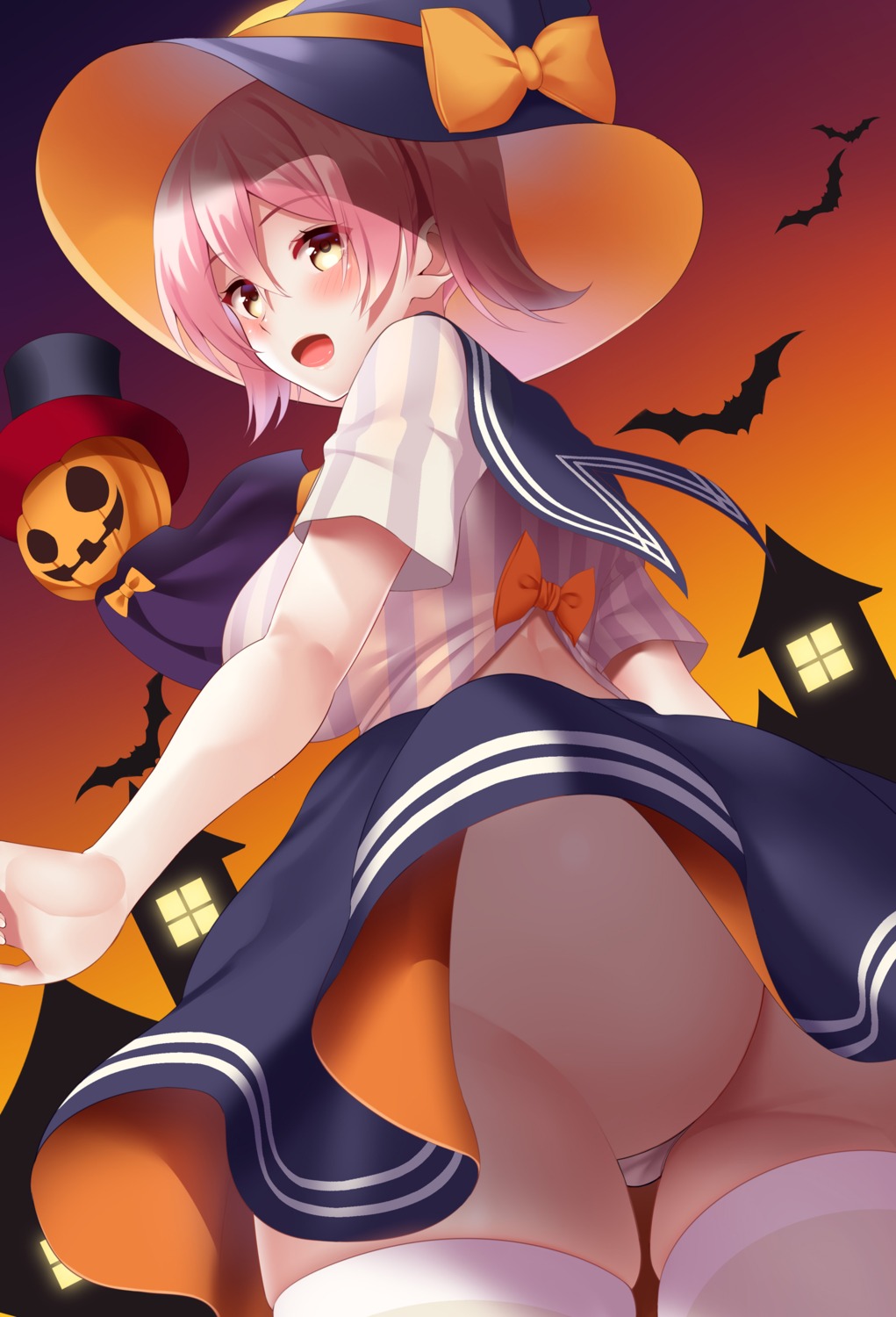 ass cameltoe halloween huyumitsu pantsu seifuku skirt_lift thighhighs thong witch