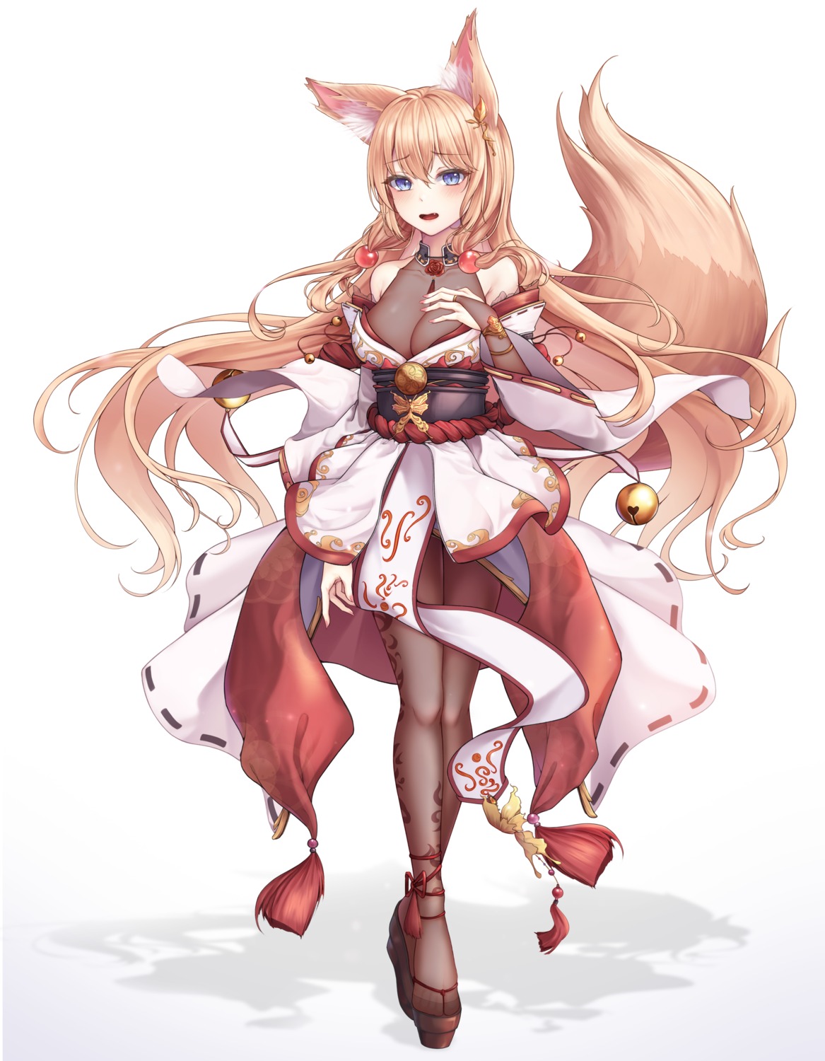 animal_ears cleavage g_home japanese_clothes kitsune no_bra pantyhose see_through tail