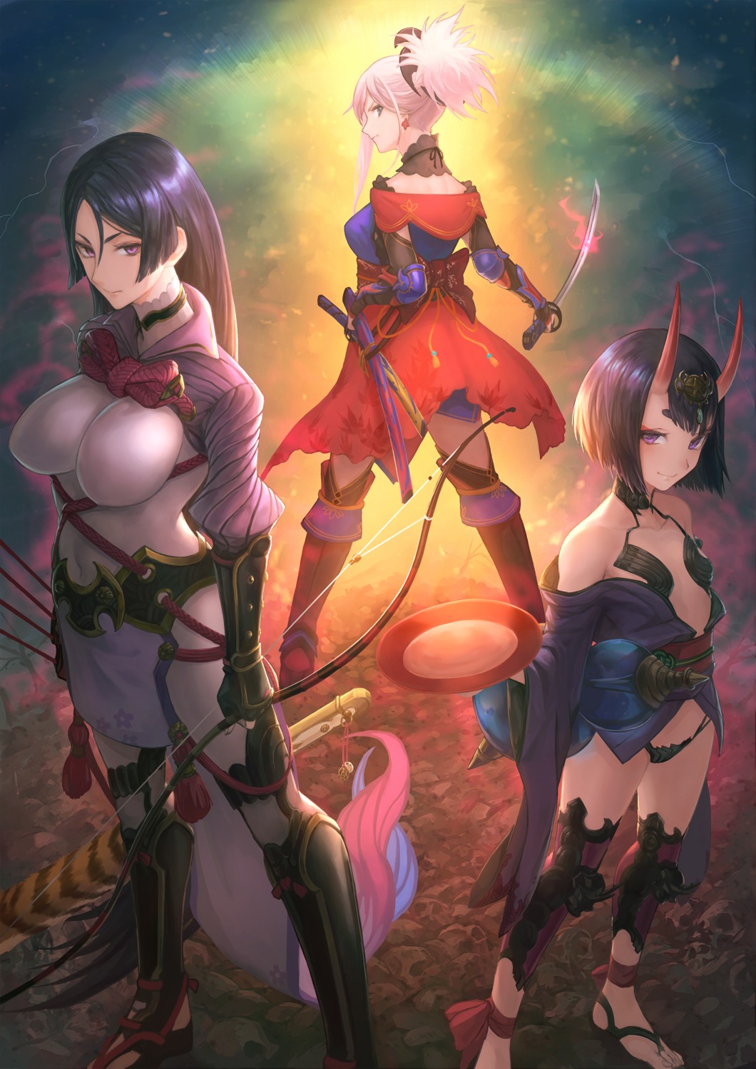 armor bodysuit fate/grand_order horns japanese_clothes minamoto_no_raikou_(fate/grand_order) miyamoto_musashi_(fate) no_bra open_shirt otsukemono pantsu shuten_douji_(fate/grand_order) sword thighhighs weapon