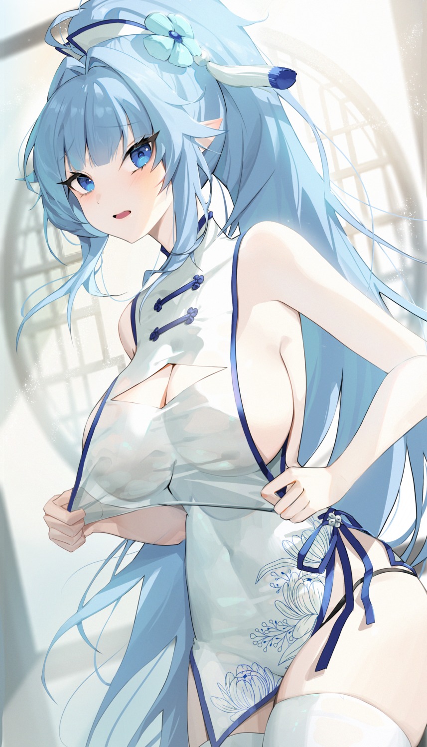 character_pria chinadress no_bra pantsu pointy_ears see_through tagme thighhighs