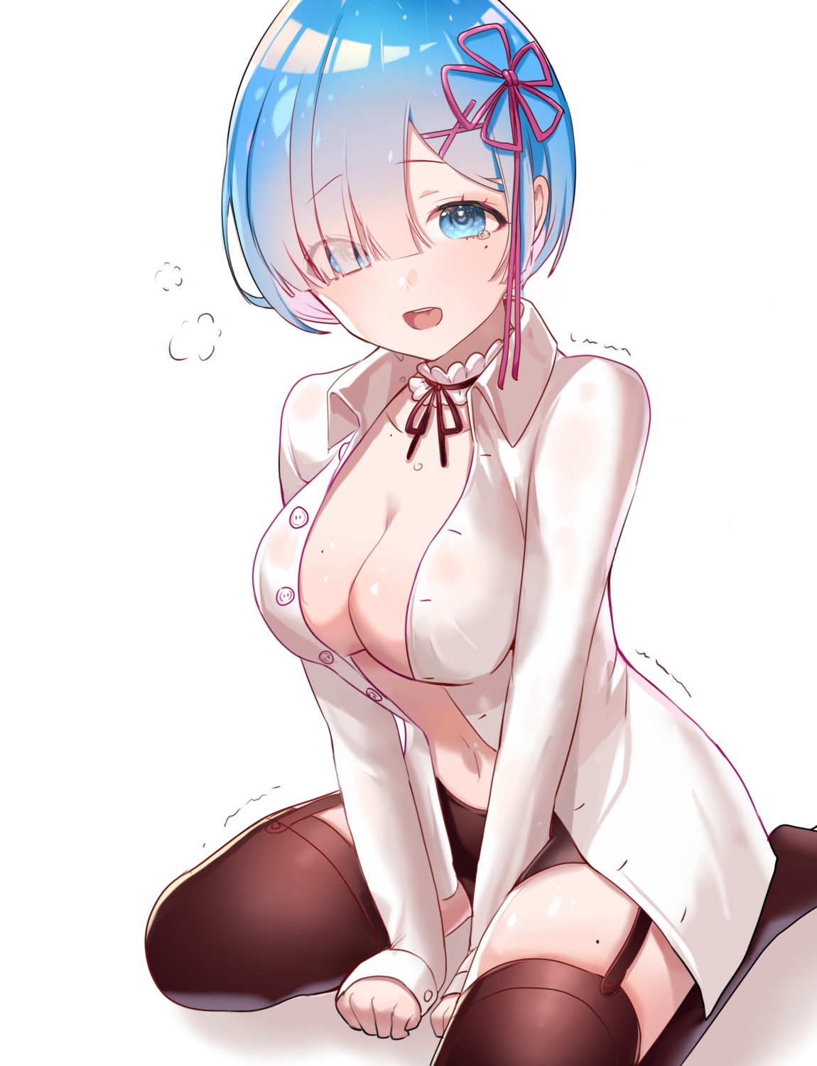 dress_shirt misyune no_bra open_shirt re_zero_kara_hajimeru_isekai_seikatsu rem_(re_zero) see_through stockings thighhighs