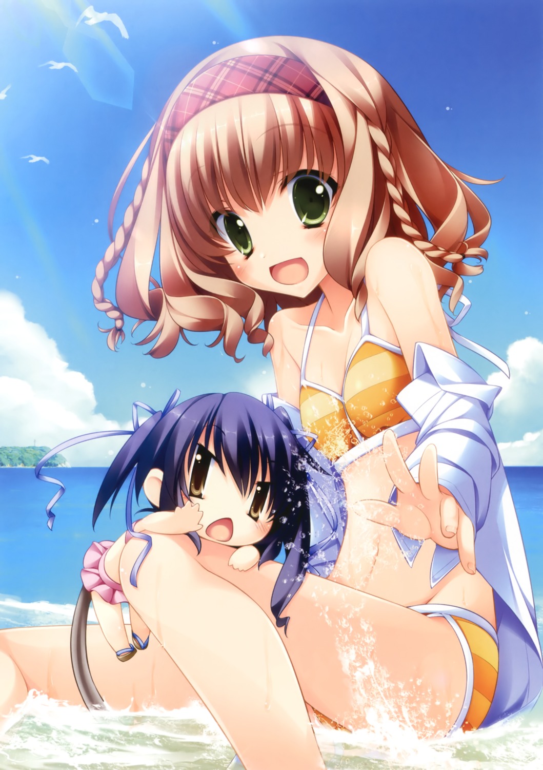 bikini chibi cleavage dress_shirt izushi_yui lucie minami_juujisei_renka open_shirt studio_ryokucha swimsuits tsutsumi_sakuya wet