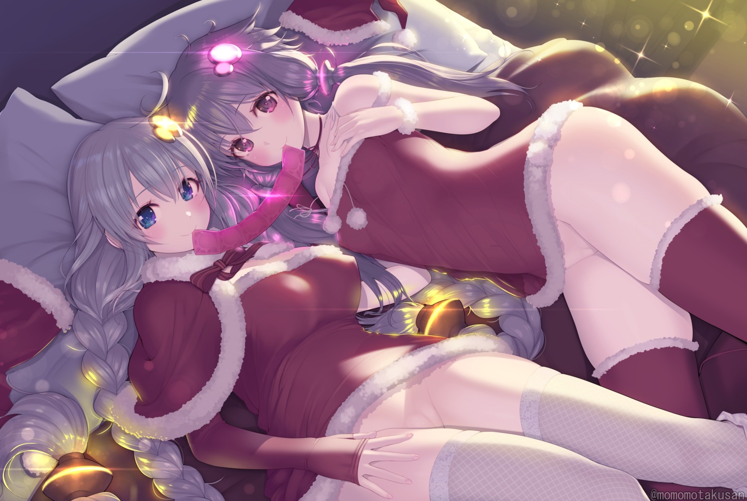 christmas dress erect_nipples fishnets kashiwamochi_yomogi kizuna_akari nipples no_bra nopan pussy see_through skirt_lift thighhighs uncensored voiceroid yuzuki_yukari