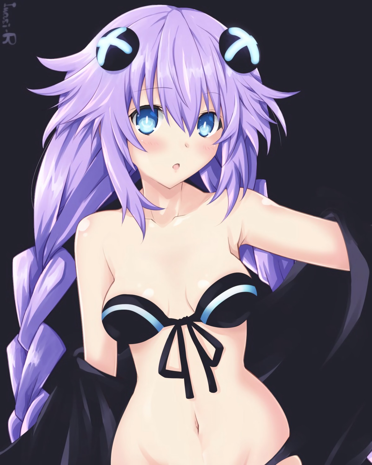 bikini choujigen_game_neptune cleavage iwasi-r open_shirt purple_heart swimsuits