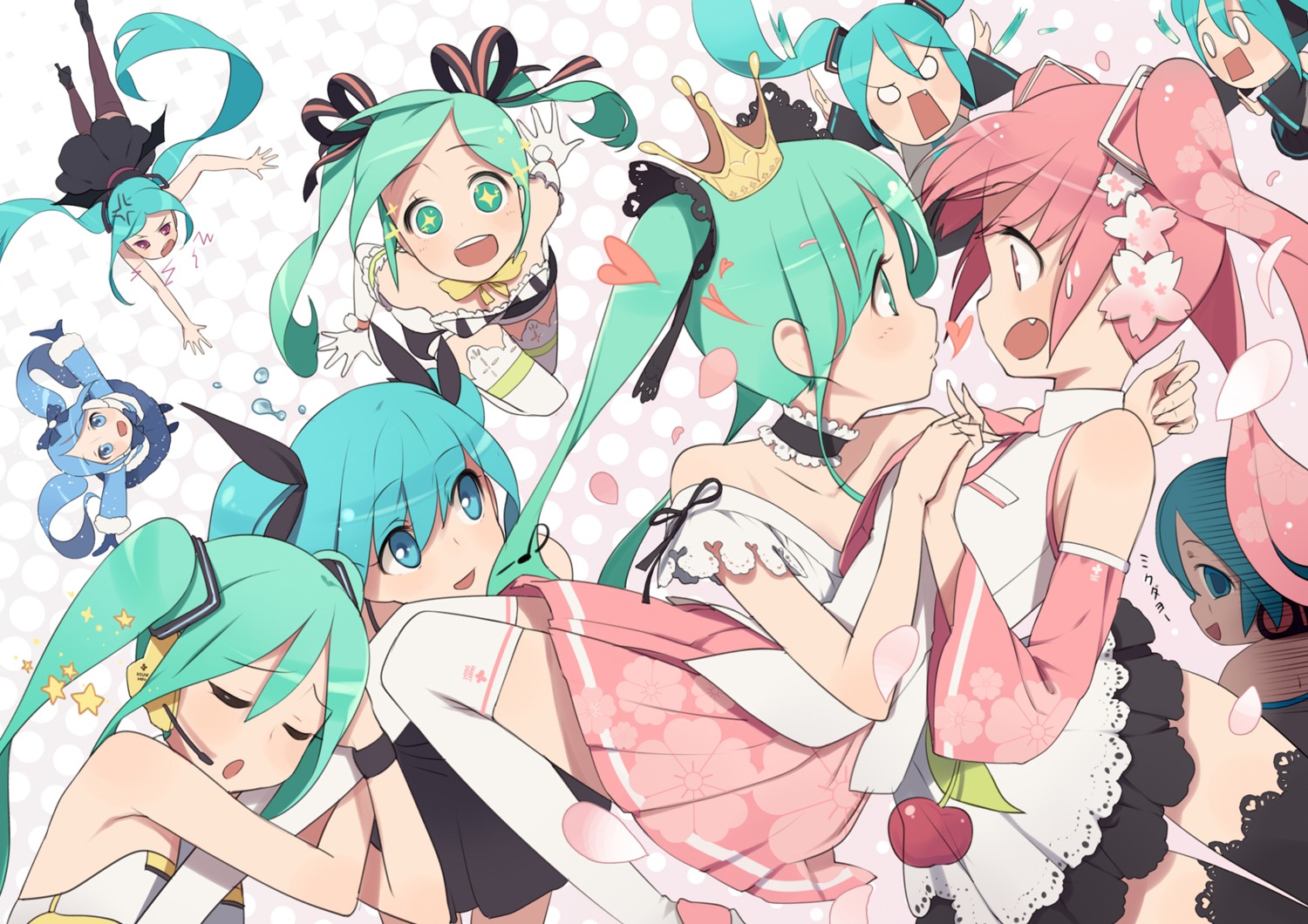 dress hachune_miku hatsune_miku headphones kamo_kamen sakura_miku shinkai_shoujo_(vocaloid) thighhighs vocaloid world_is_mine_(vocaloid) yuki_miku