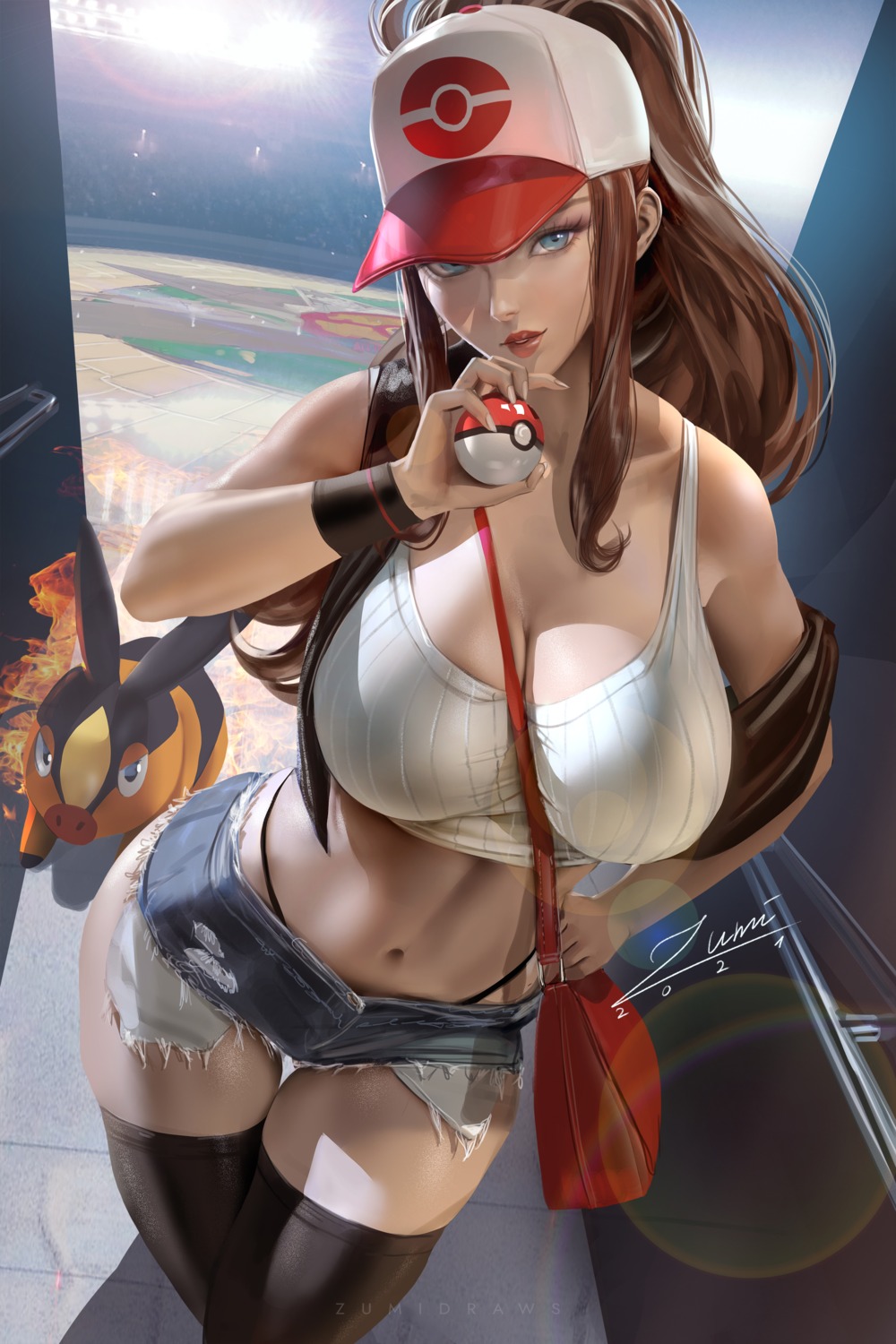 open_shirt pokemon pokemon_bw thighhighs touko_(pokemon) zumi_(zumidraws)