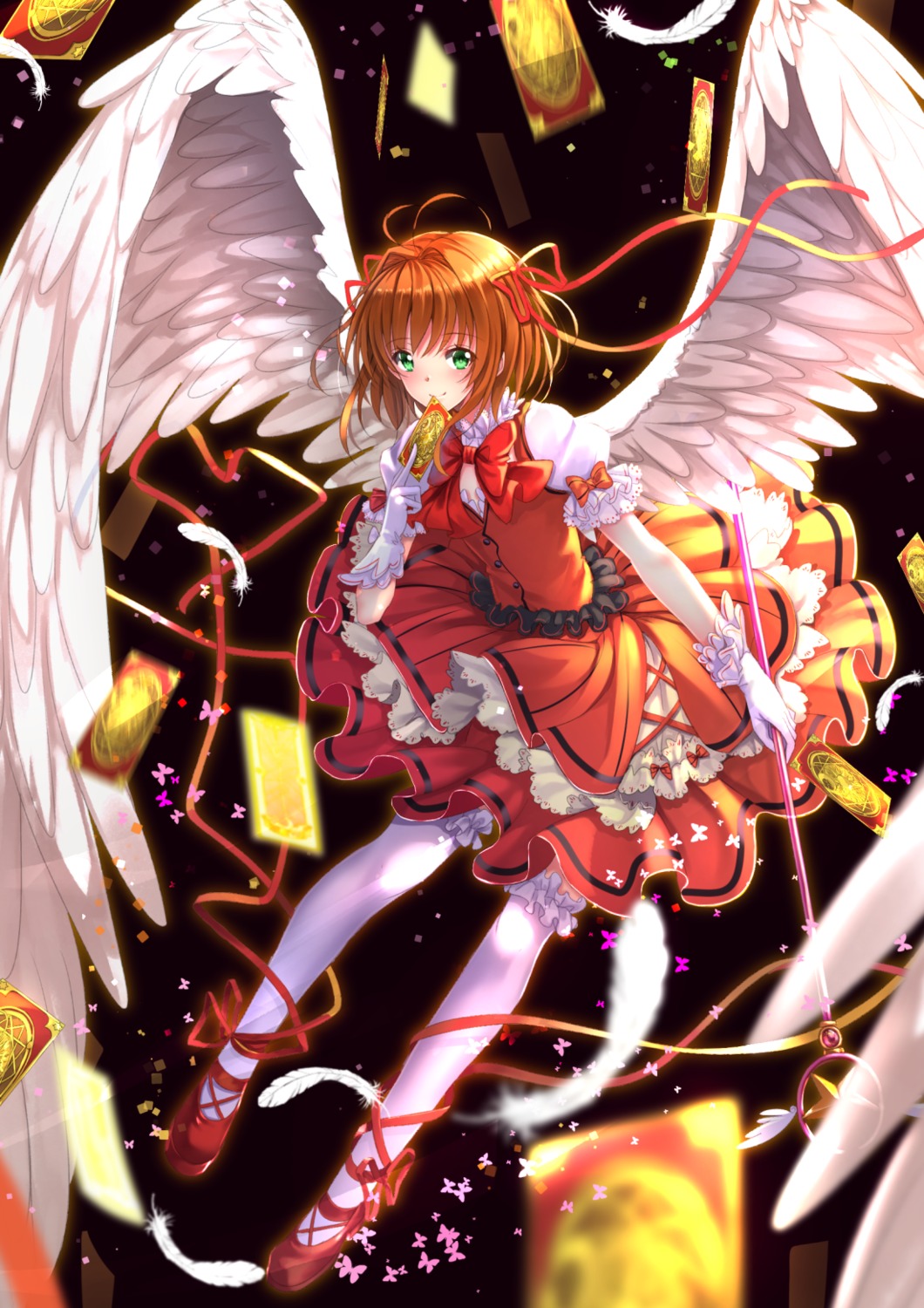card_captor_sakura dress heels kinomoto_sakura swordsouls thighhighs weapon wings