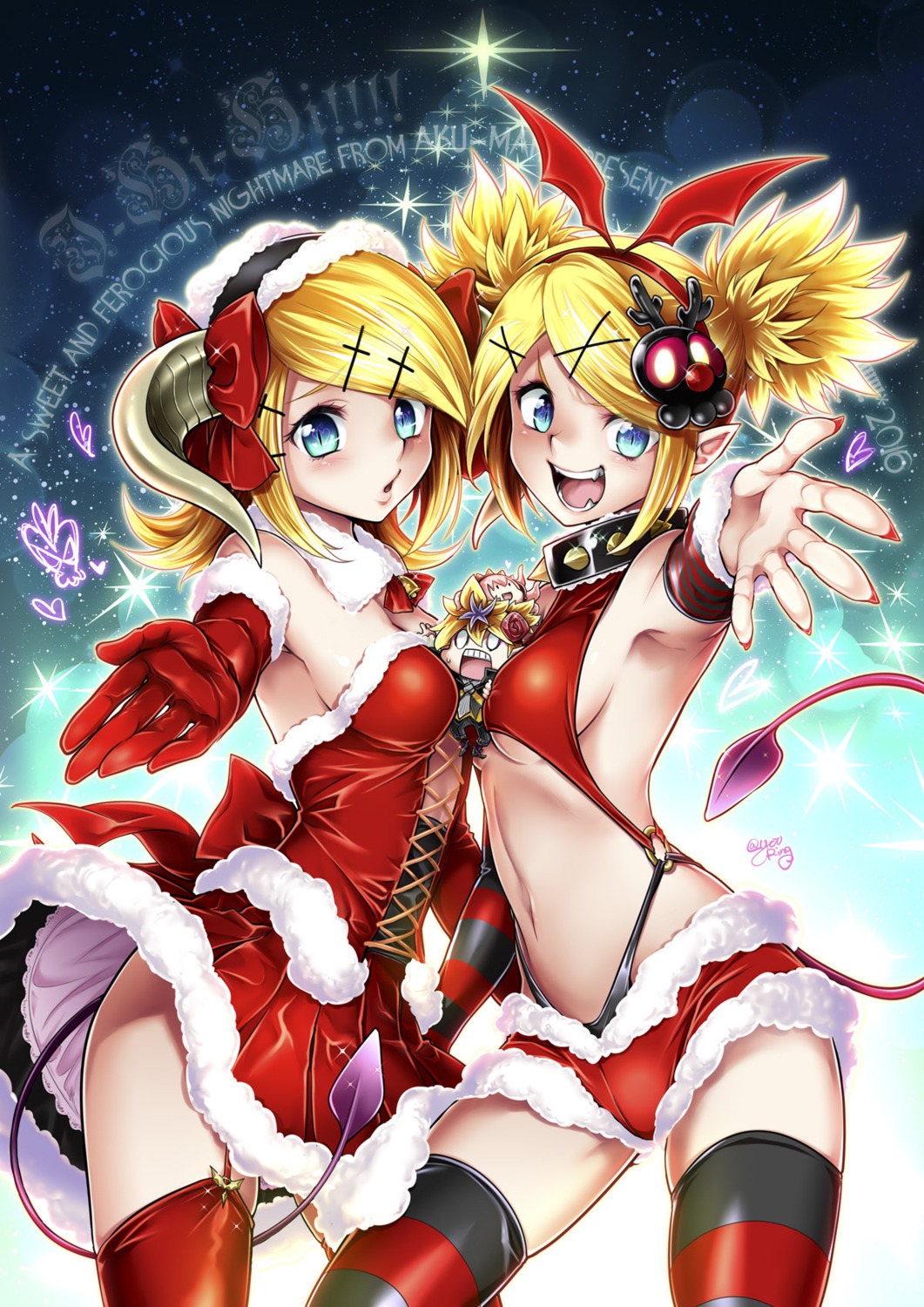 chibi christmas horns kagamine_len kagamine_rin kitano_tomotoshi pantsu pointy_ears stockings tail thighhighs underboob vocaloid