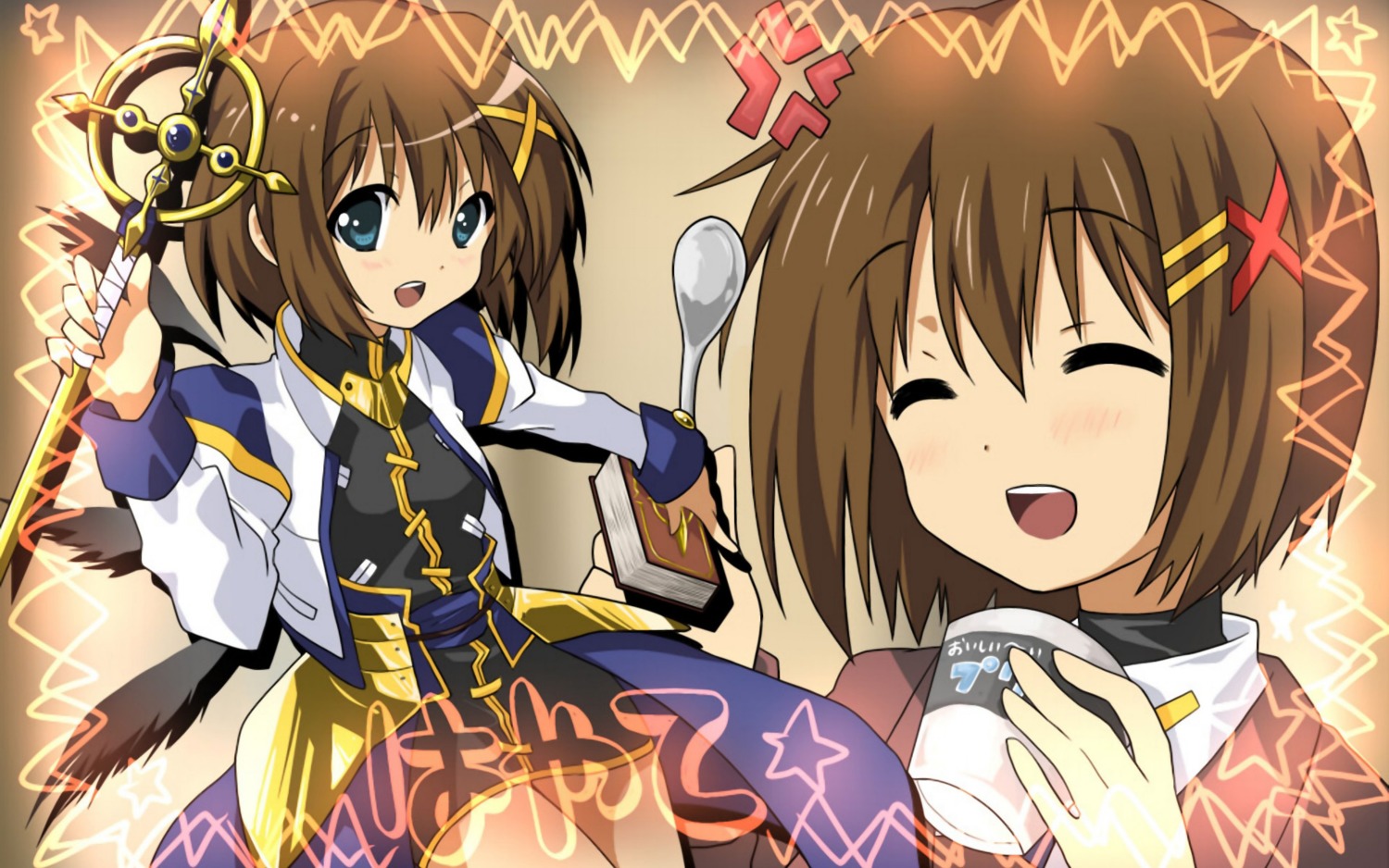 467 hirasawa_yui k-on! mahou_shoujo_lyrical_nanoha mahou_shoujo_lyrical_nanoha_strikers parody wallpaper yagami_hayate