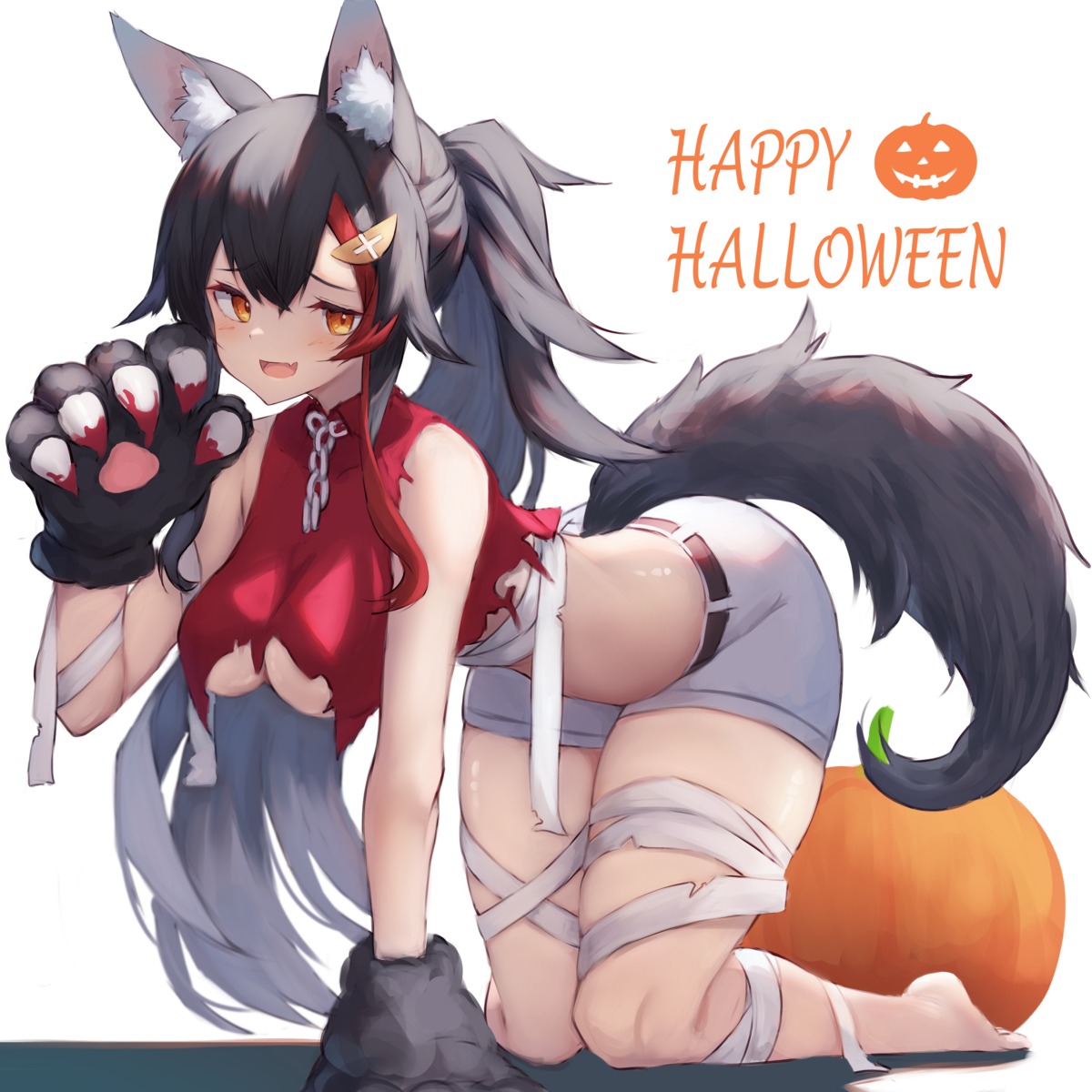 animal_ears bandages halloween hololive hololive_gamers inre_kemomimi no_bra ookami_mio tail torn_clothes