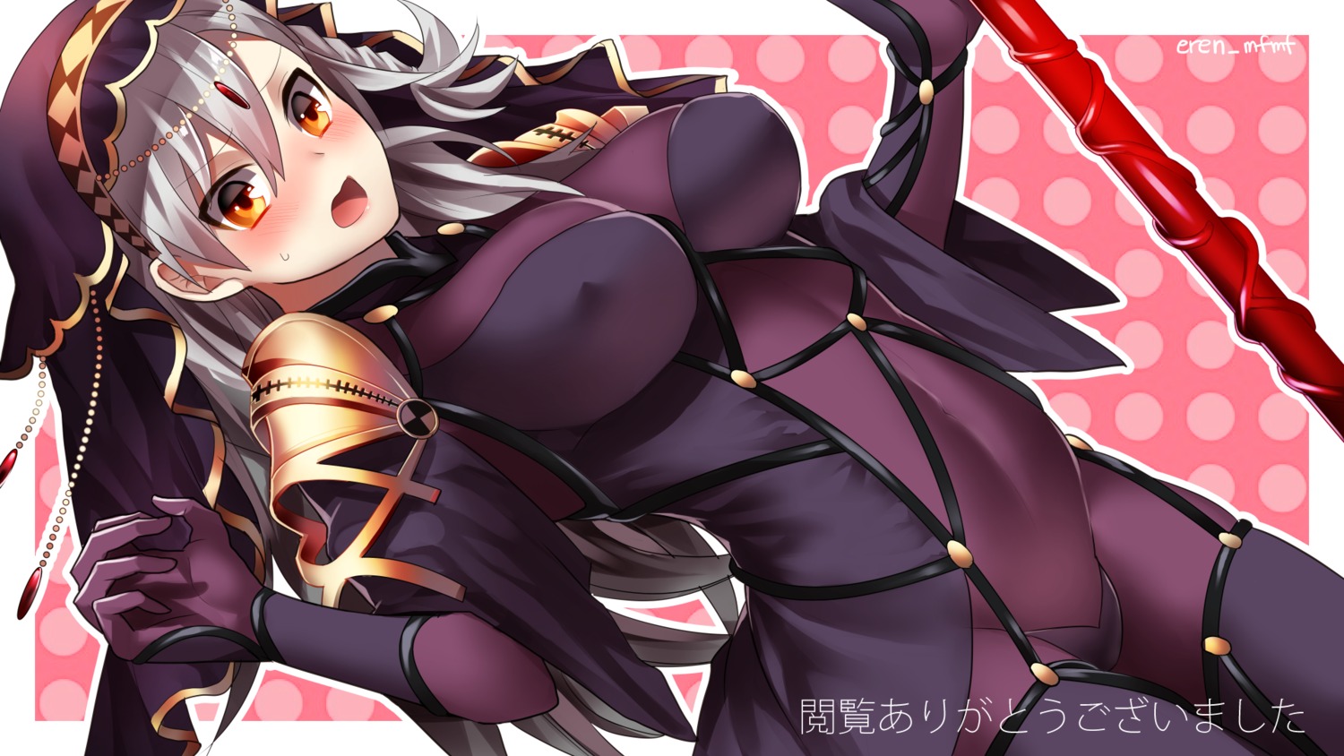 alpha_(eren_mfmf) bodysuit cosplay erect_nipples fate/grand_order olga_marie_animusphere scathach_(fate/grand_order) wallpaper weapon