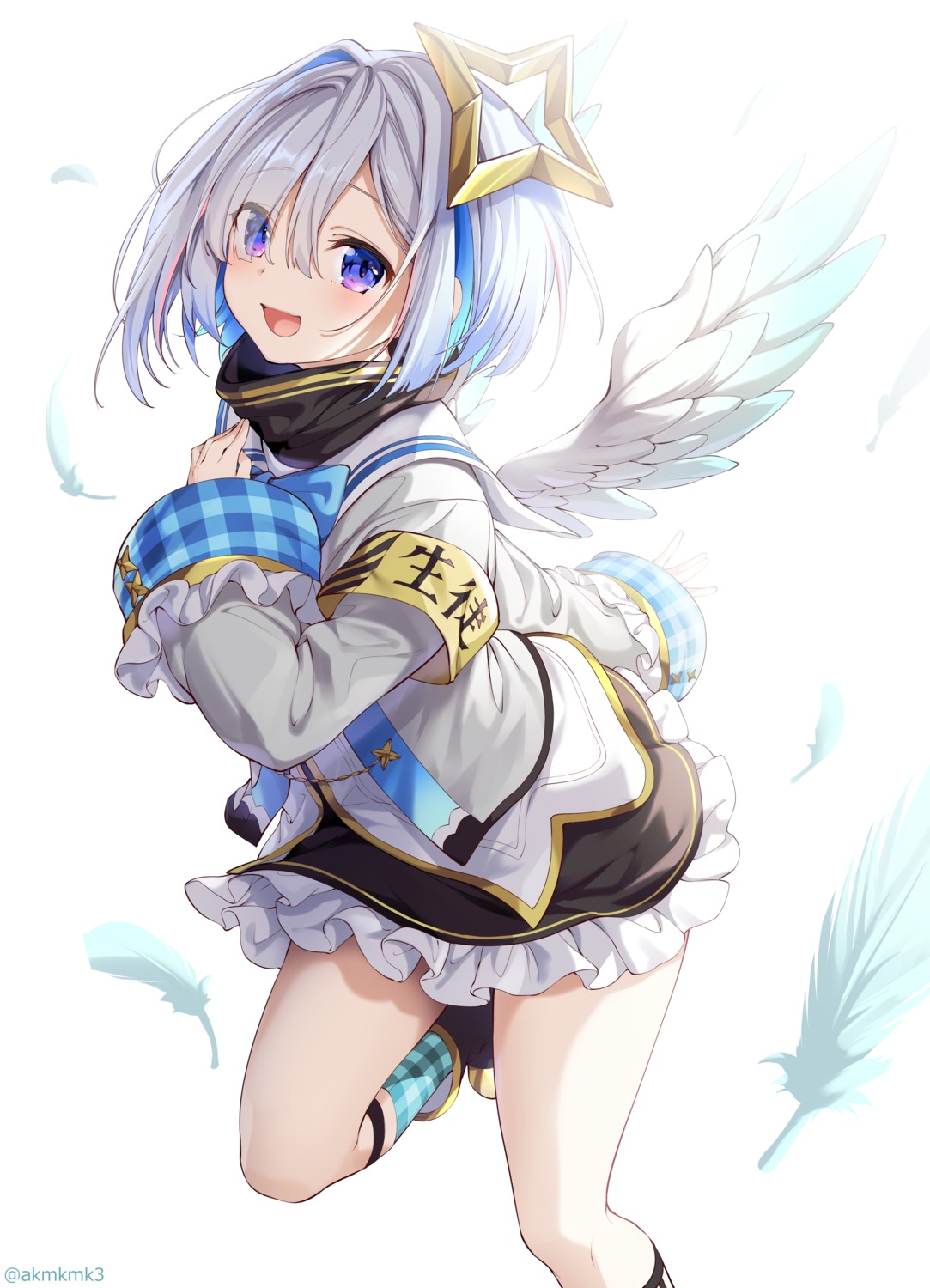 akamoku amane_kanata angel hololive seifuku skirt_lift wings