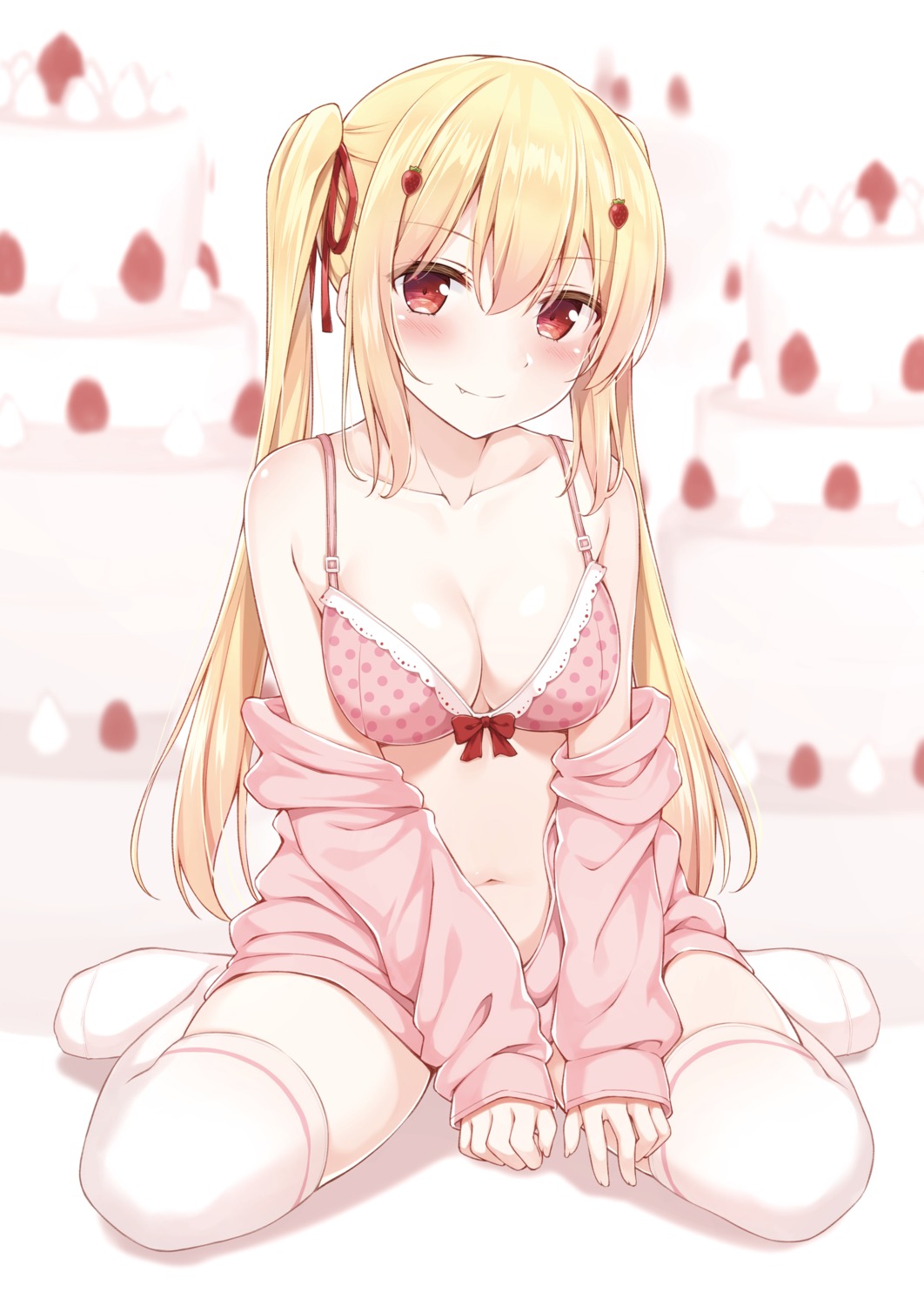 bra cleavage karutamo open_shirt thighhighs