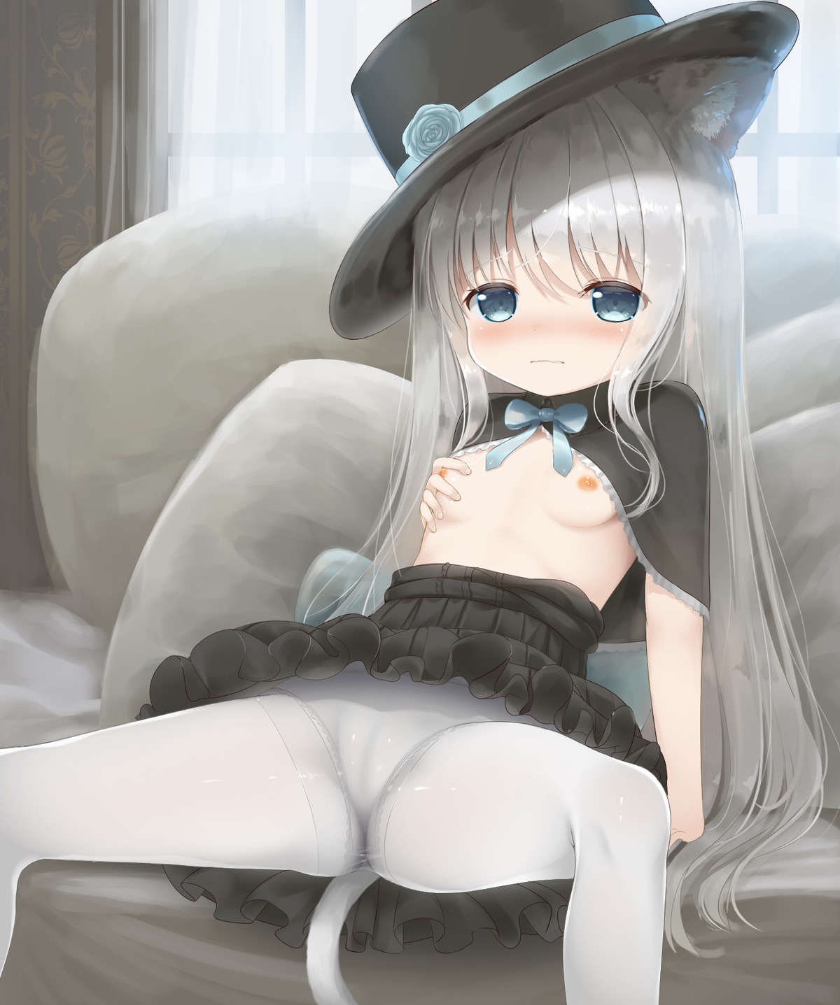 animal_ears breast_hold breasts cameltoe dress gothic_lolita loli lolita_fashion nekomimi nipples no_bra open_shirt pantsu pantyhose psyche3313 skirt_lift tail