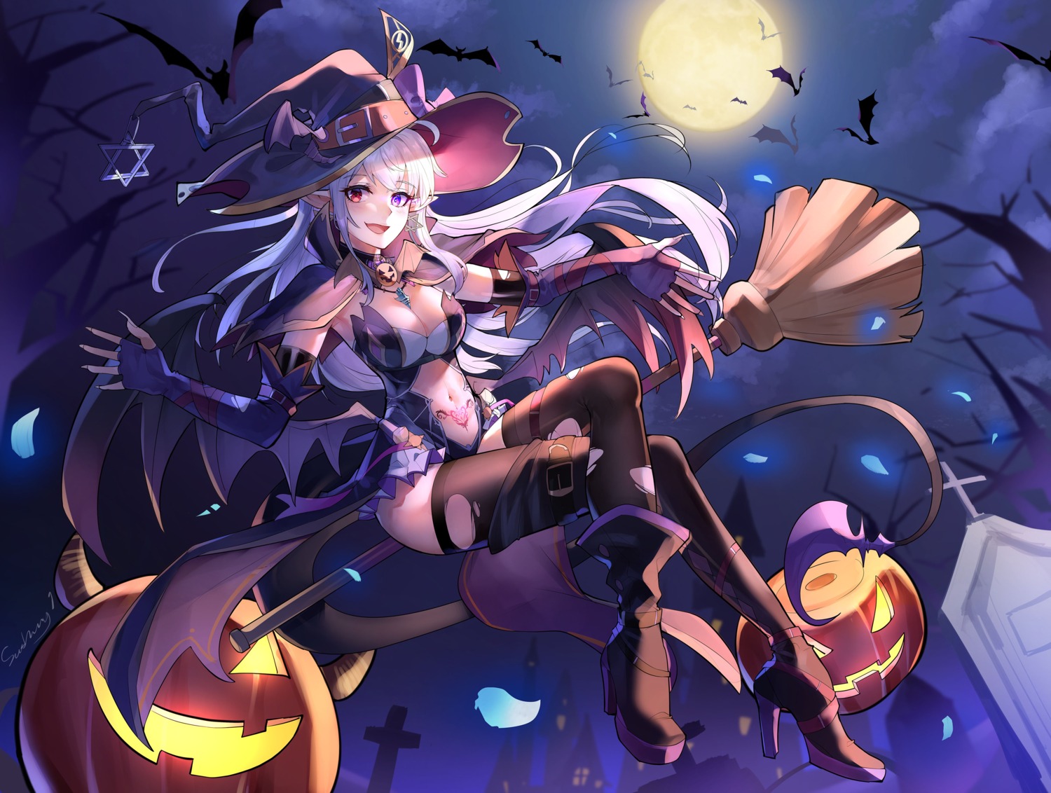 cleavage garter halloween heels kaer_sasi_dianxia pointy_ears tattoo thighhighs torn_clothes witch