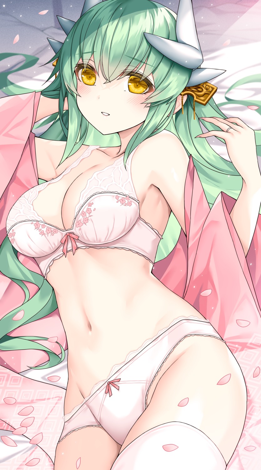 bra fate/grand_order horns kiyohime_(fate/grand_order) morizono_shiki pantsu thighhighs