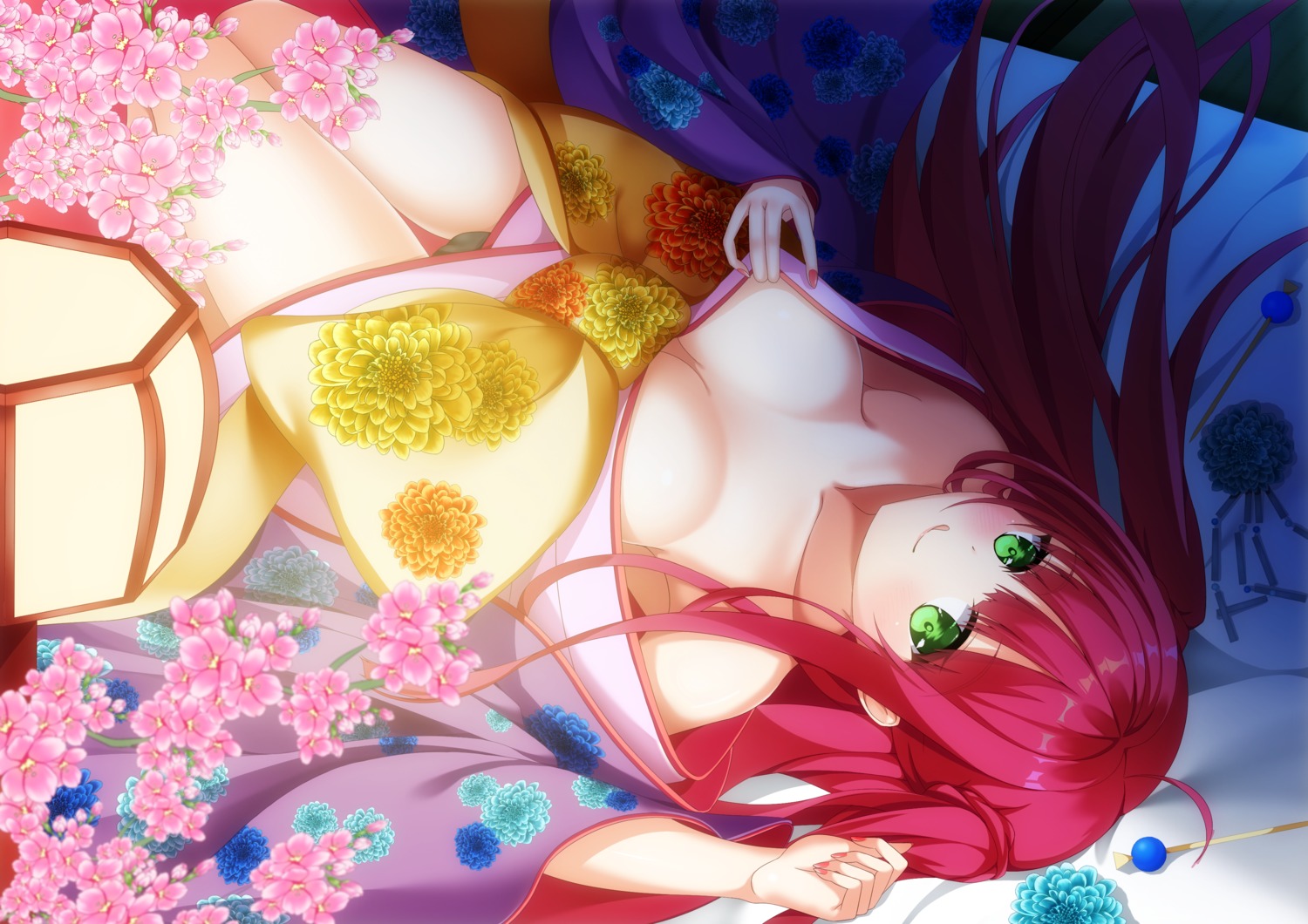 cameltoe kimono kokomine_(kokoromine) no_bra open_shirt pantsu skirt_lift undressing