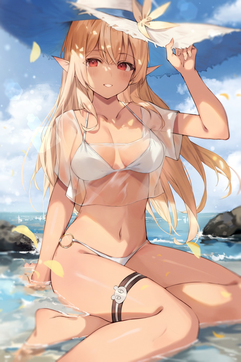 bikini elf garter hololive pointy_ears see_through shiranui_flare swimsuits taht_(that_is_mm) wet