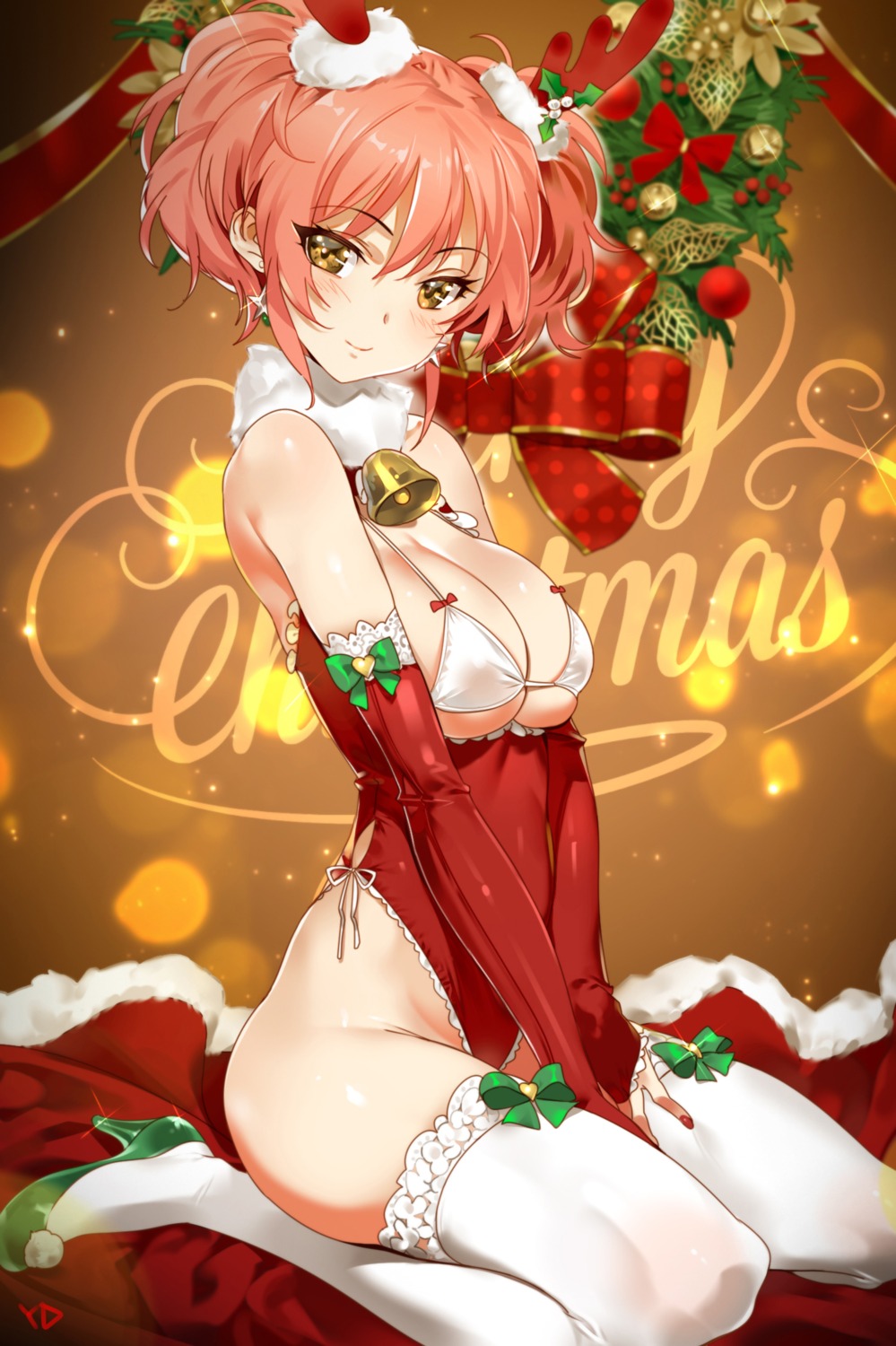 bikini_top christmas cleavage heels jougasaki_mika jougasaki_rika swimsuits the_idolm@ster the_idolm@ster_cinderella_girls thighhighs underboob yd_(orange_maru)