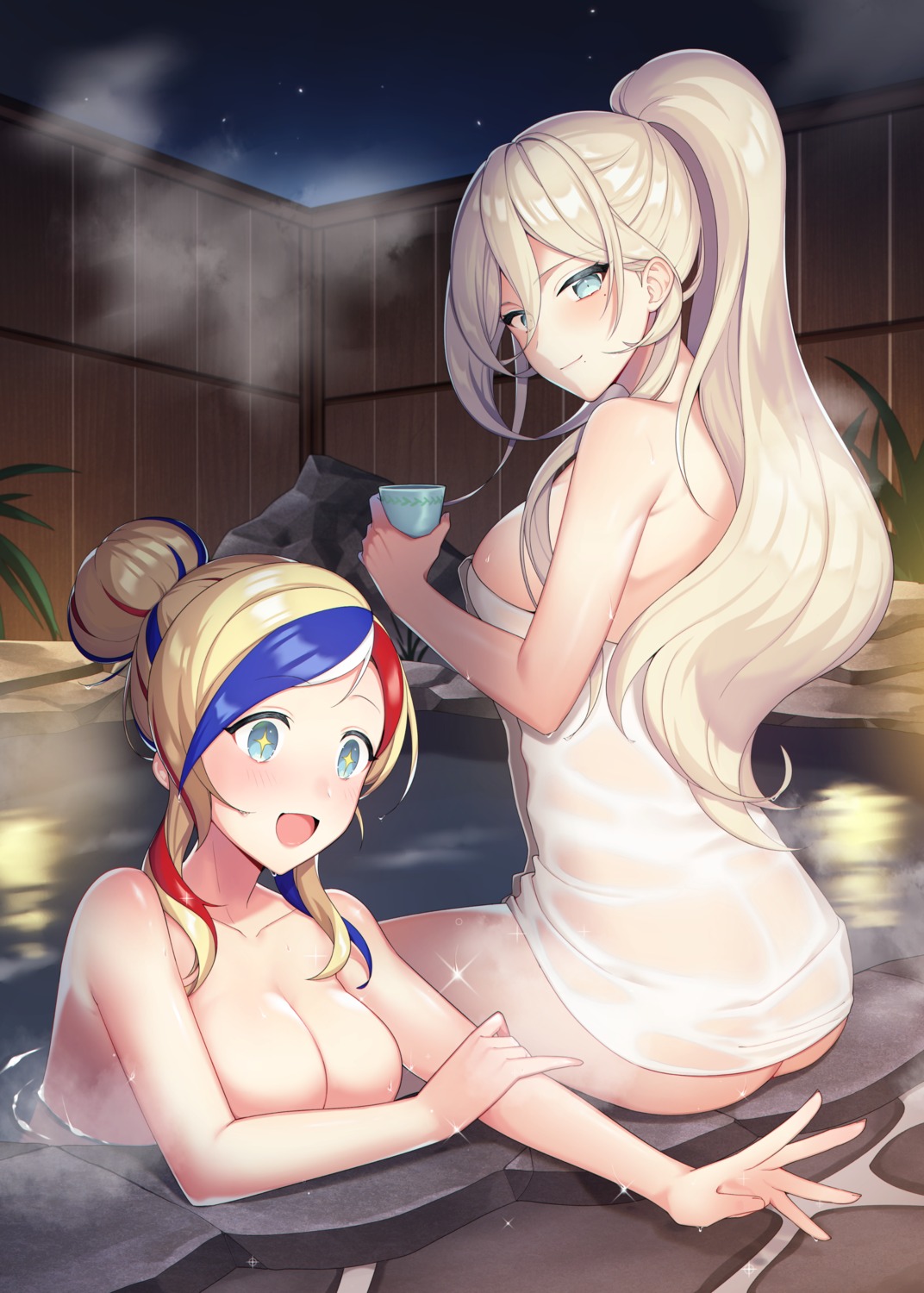 ass bathing breast_hold commandant_teste_(kancolle) kantai_collection kinsenka_momi onsen richelieu_(kancolle) topless towel wet
