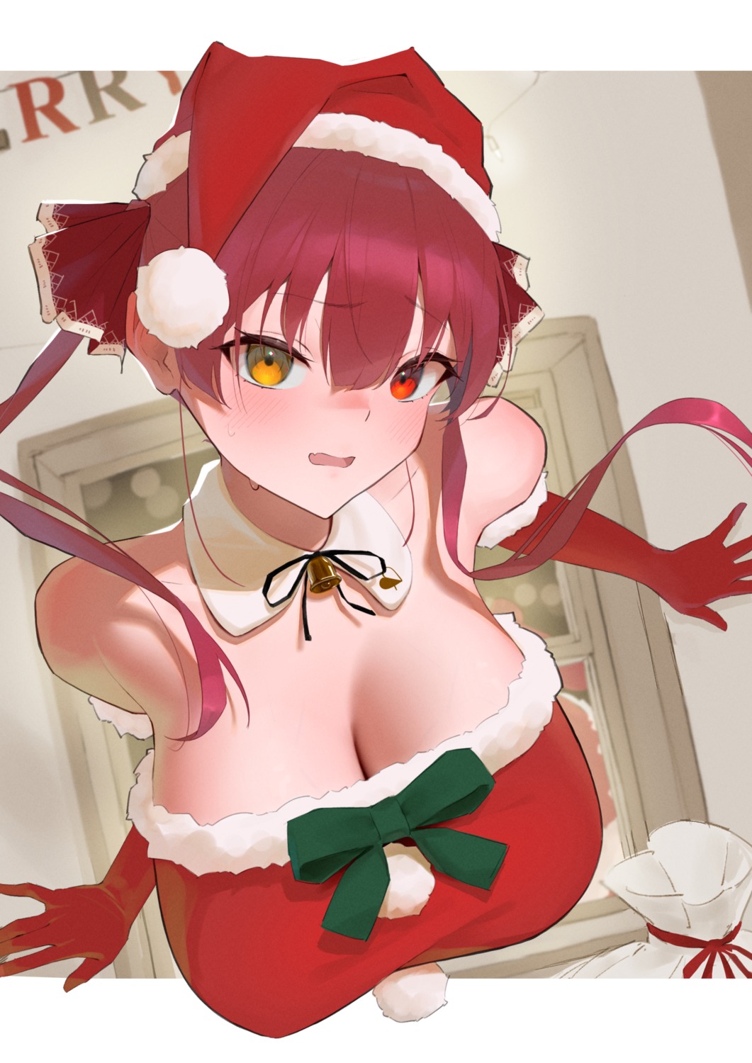 christmas cleavage heterochromia hololive houshou_marine no_bra tailluli_(hard244)