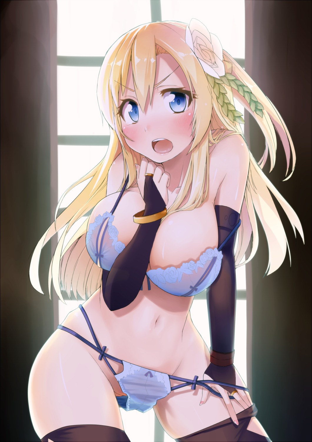 bra breast_hold lingerie oyaji_kusa pantsu thighhighs undressing