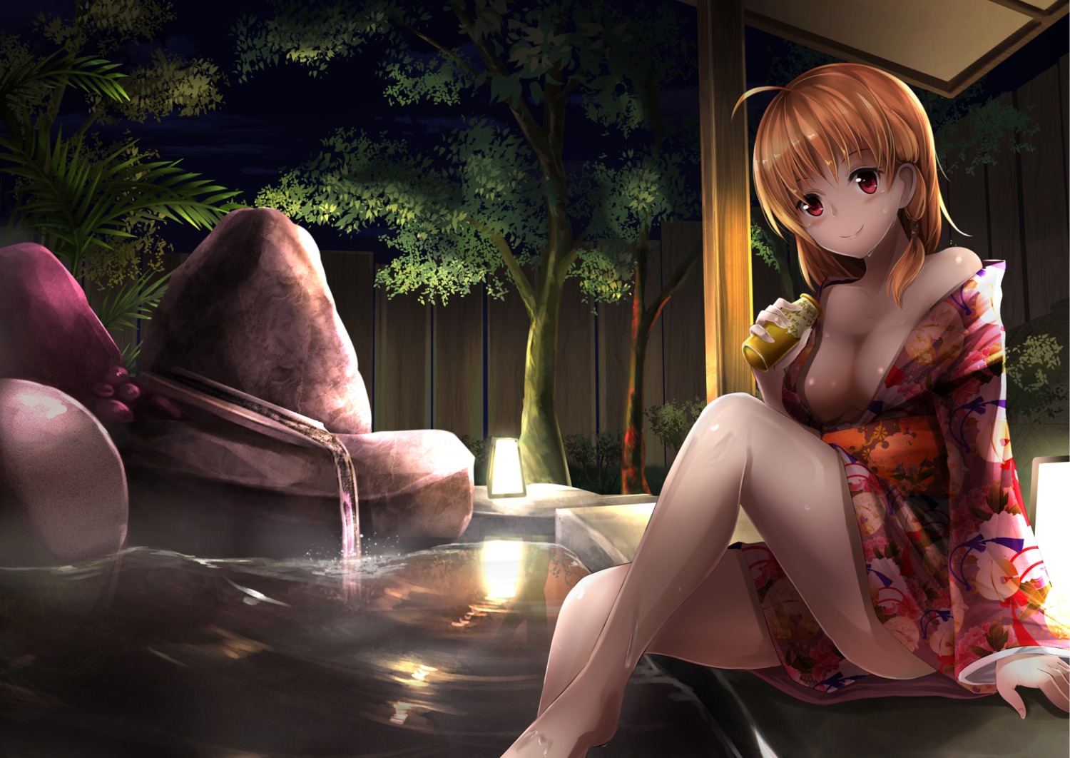 cleavage kimono love_live!_sunshine!! no_bra onsen open_shirt orien takami_chika wet