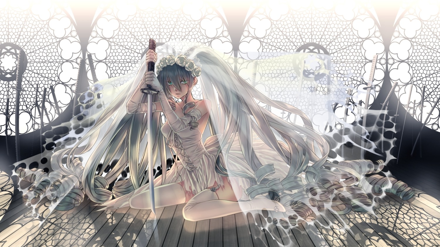 cleavage dress hatsune_miku heels shijuuhachi stockings sword thighhighs torn_clothes vocaloid wallpaper wedding_dress