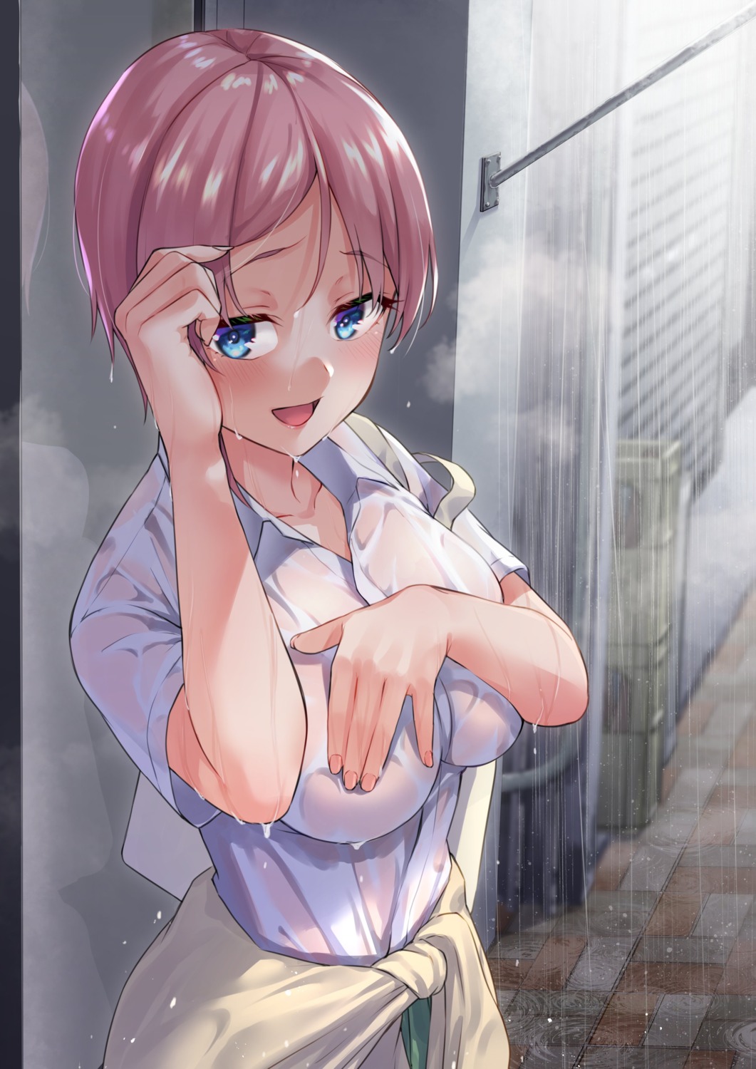 5-toubun_no_hanayome breast_hold kinoe_tsuki nakano_ichika no_bra see_through seifuku sweater wet wet_clothes