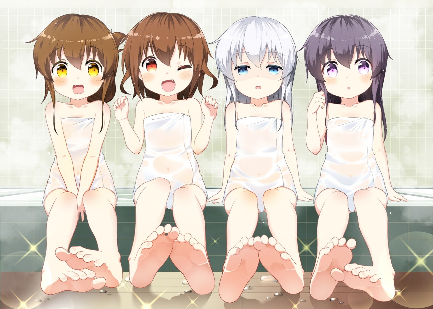 akatsuki_(kancolle) bell_(satappe) feet hibiki_(kancolle) ikazuchi_(kancolle) inazuma_(kancolle) kantai_collection loli see_through towel