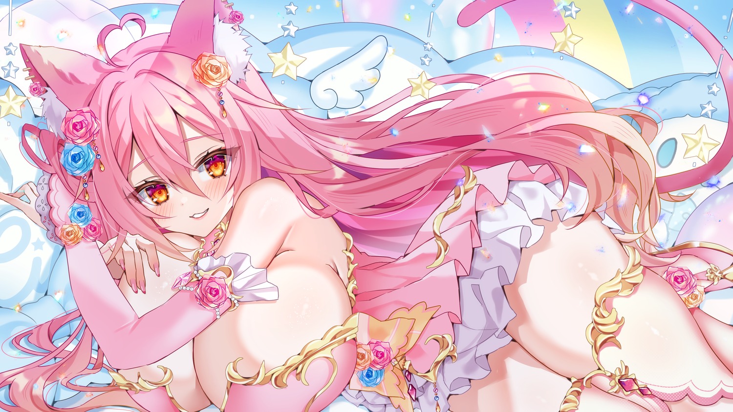 animal_ears chierishu garter nekomimi no_bra tail wallpaper wings