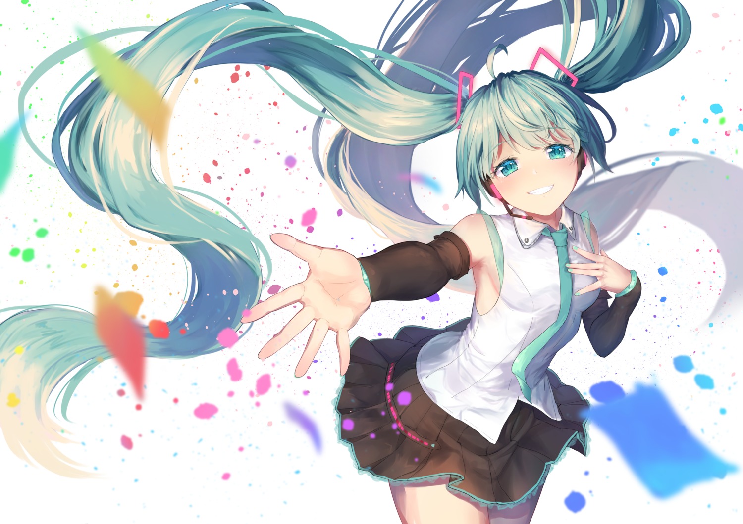 hatsune_miku headphones skirt_lift vocaloid yuzuha_wasa