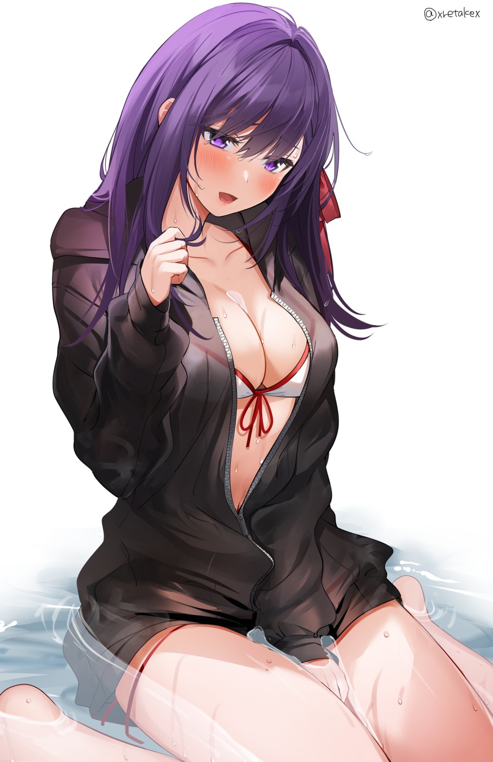 bikini cleavage fate/stay_night matou_sakura open_shirt panty_pull see_through swimsuits wet wet_clothes xretakex