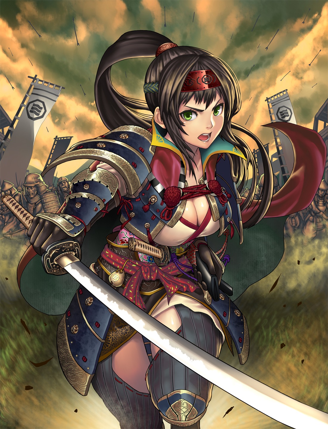 armor cleavage kasen_(kasenjiki) sengoku_taisen sword tsuruhime tsuruhime_(taisen)
