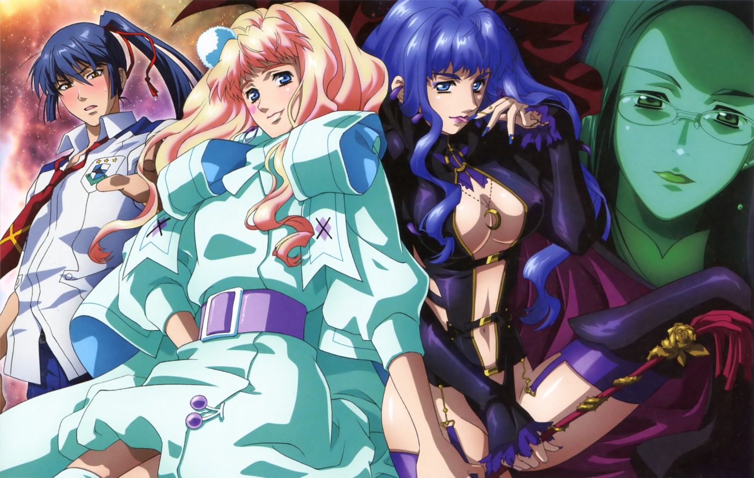 cleavage dress gekijouban_macross_frontier:_itsuwari_no_utahime grace_o'connor kouno_sachiko leotard macross macross_frontier megane saotome_alto seifuku sheryl_nome stockings thighhighs