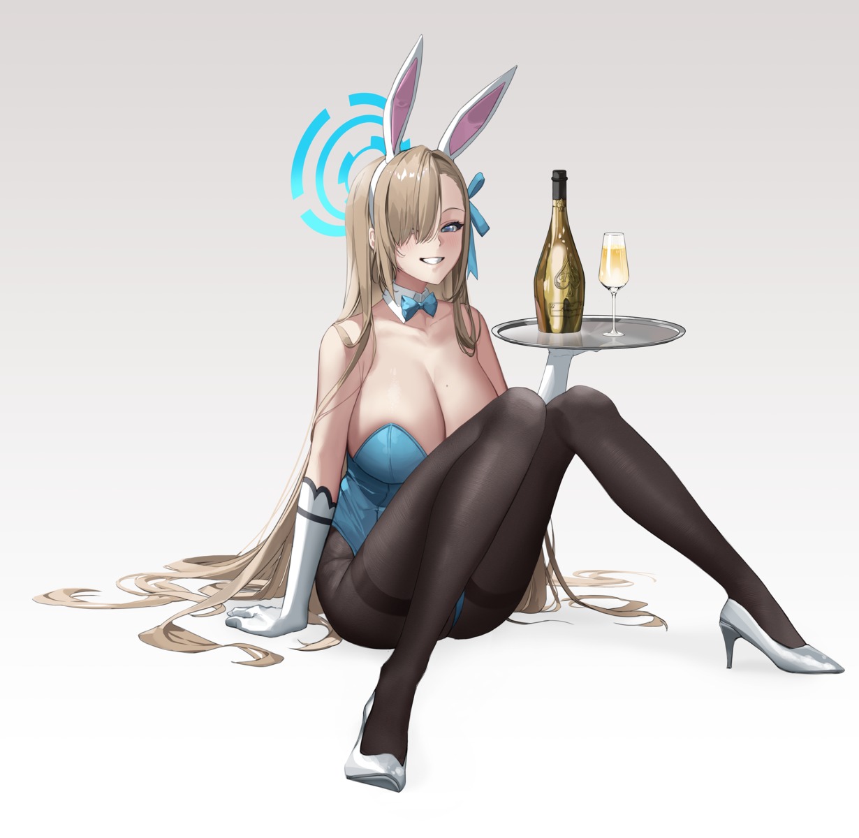 animal_ears blue_archive bunny_ears bunny_girl halo heels ichinose_asuna no_bra pantyhose yo_owl