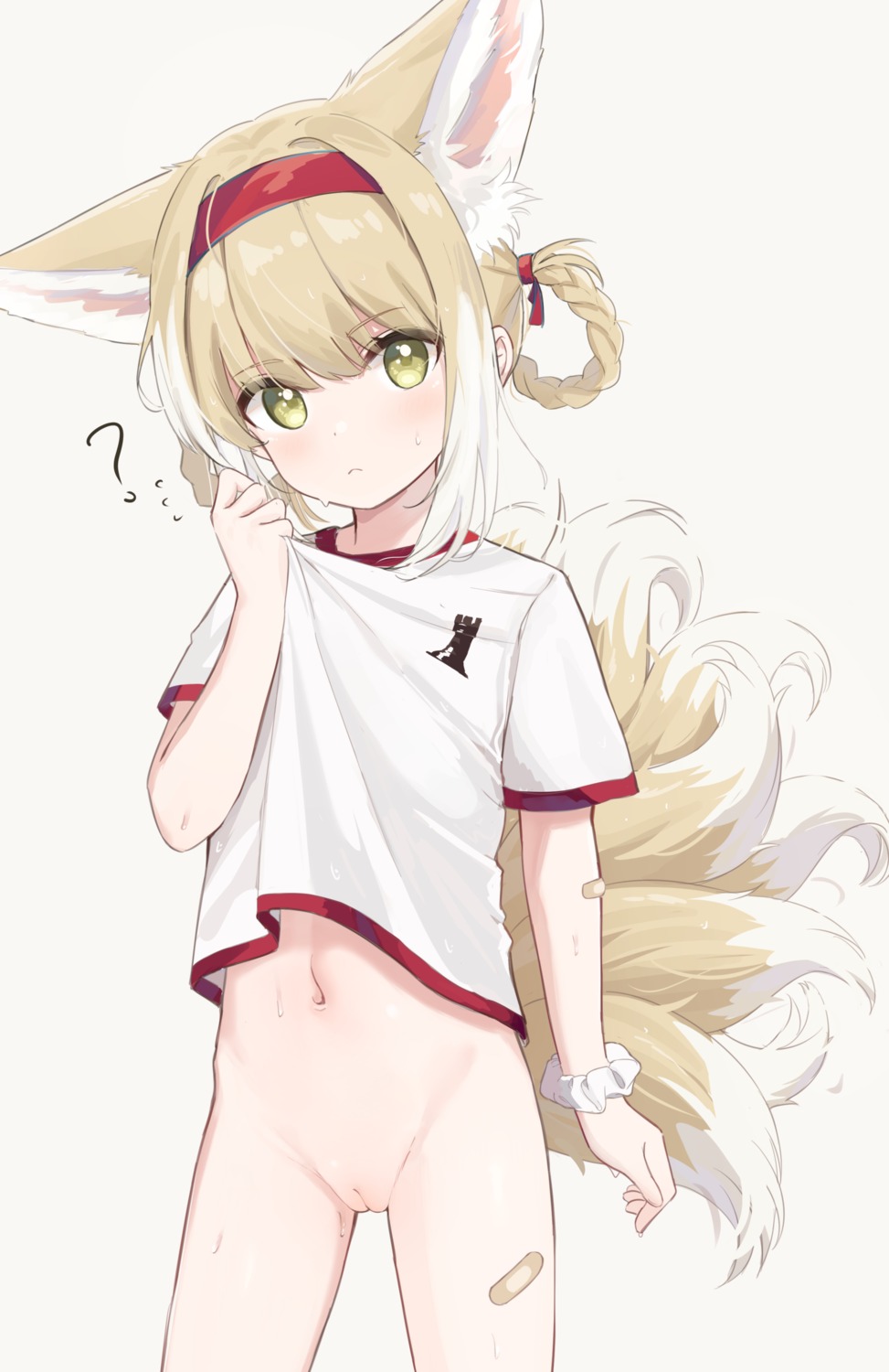 animal_ears arknights bandaid bottomless gym_uniform hawawa kitsune loli pussy shirt_lift suzuran_(arknights) tail uncensored wet